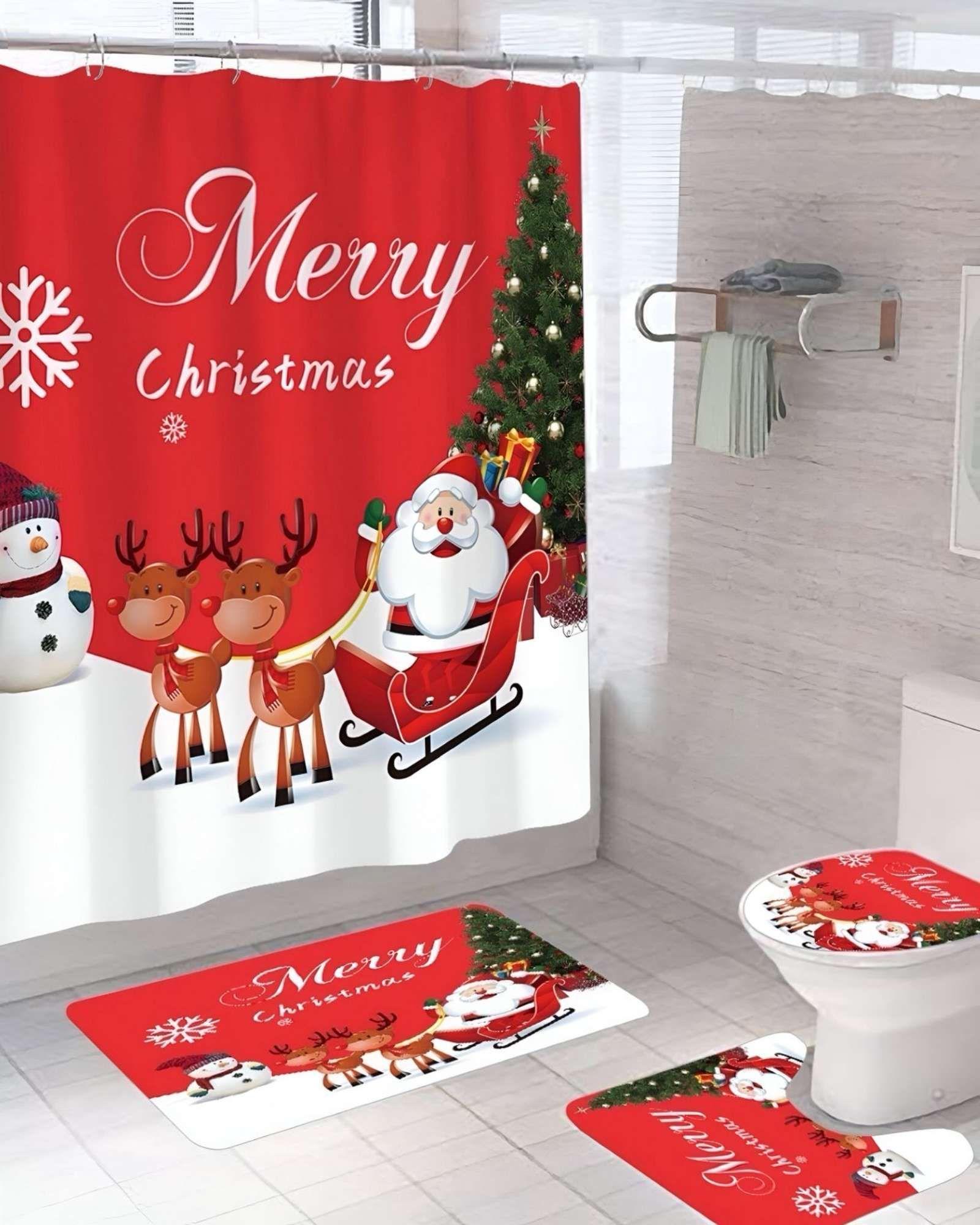 SET 4 PIEZAS CORTINA DE BAÑO Y ALFOMBRAS DISEÑO NAVIDEÑO TF07-3