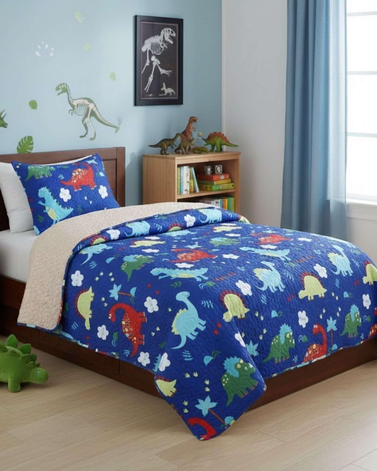 CUBRECAMA QUILT SHERPA DISEÑO INFANTIL PLAZA Y MEDIA DINOSAURIOS-2