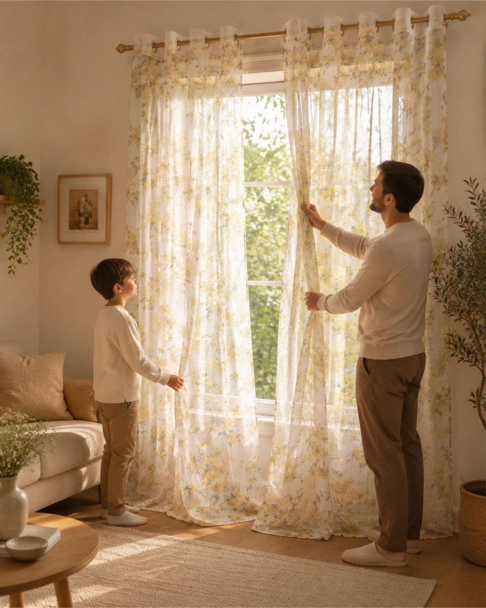 Cortina Visillo Translúcida con Estampado Floral para Living y Dormitorio-0