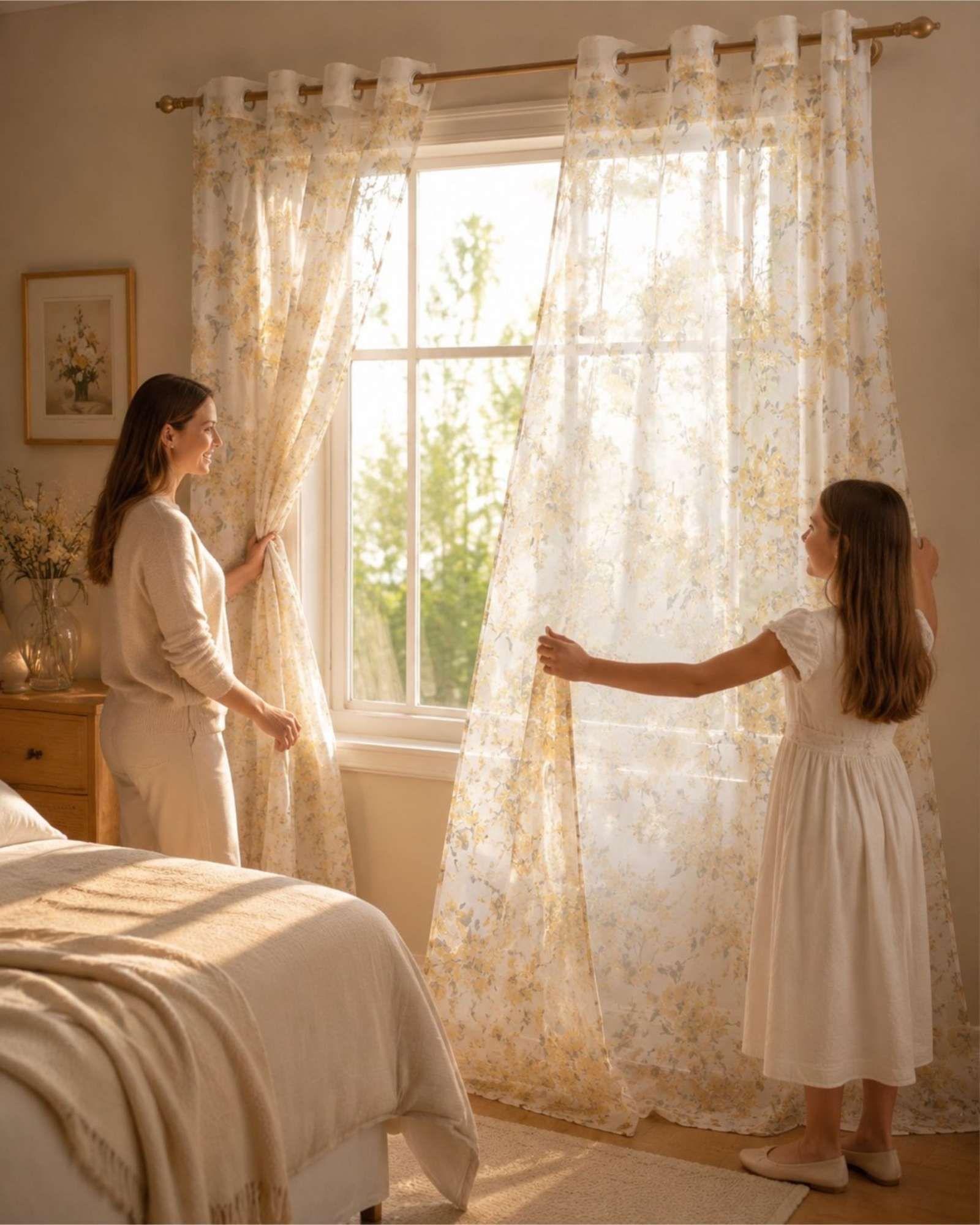 Cortina Visillo Translúcida con Estampado Floral para Living y Dormitorio-3