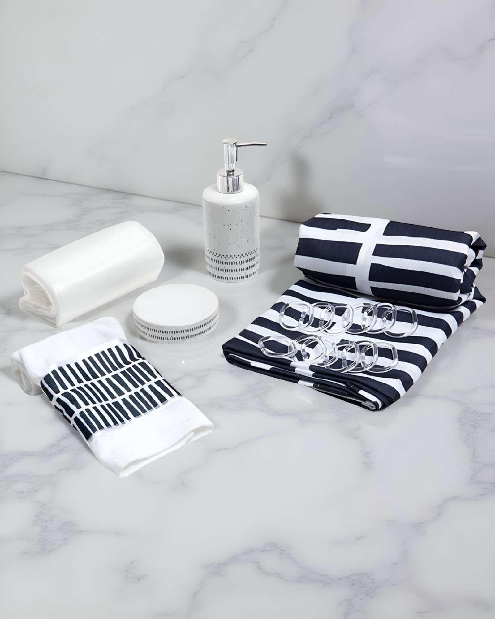Juego de Baño en Caja 6 Piezas Cortina, Toalla y Jaboneras Mashini A08-3