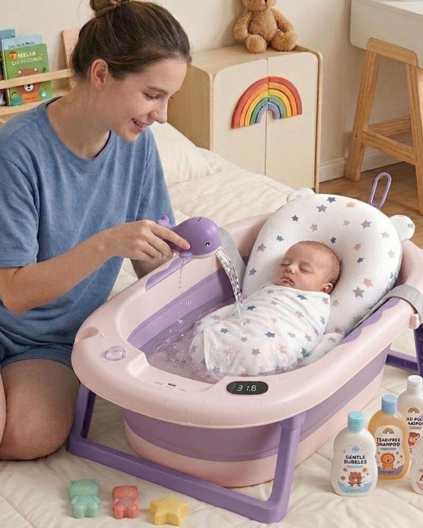 Bañera Plegable Lila Ergonómica para Bebé con Cojín de Seguridad y Termómetro Digital-2