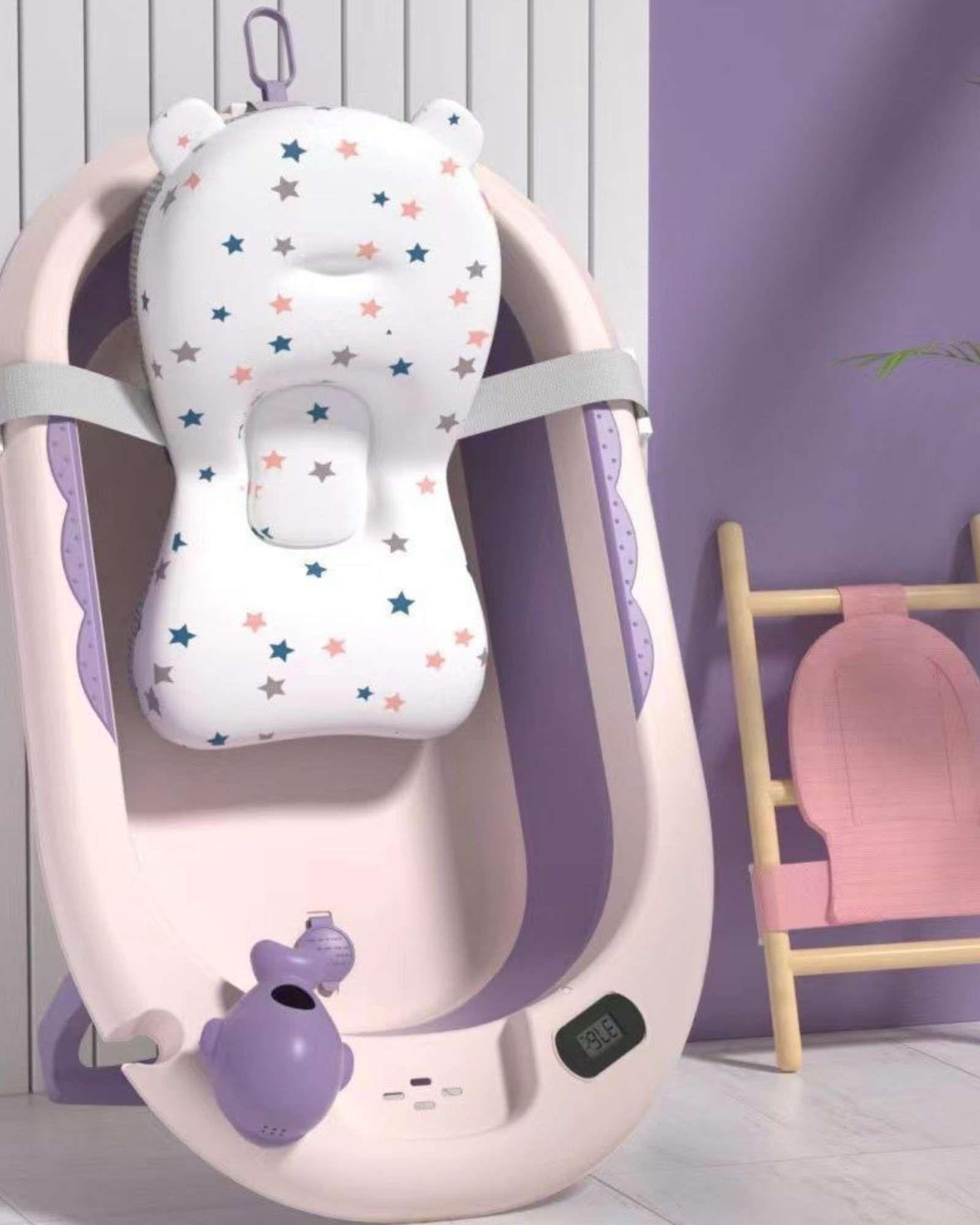 Bañera Plegable Lila Ergonómica para Bebé con Cojín de Seguridad y Termómetro Digital-3