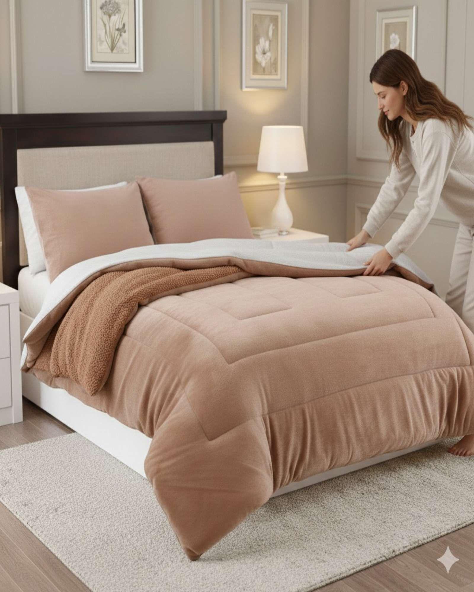 Cubrecama Premium Plush y Chiporro  Invierno King beige-2