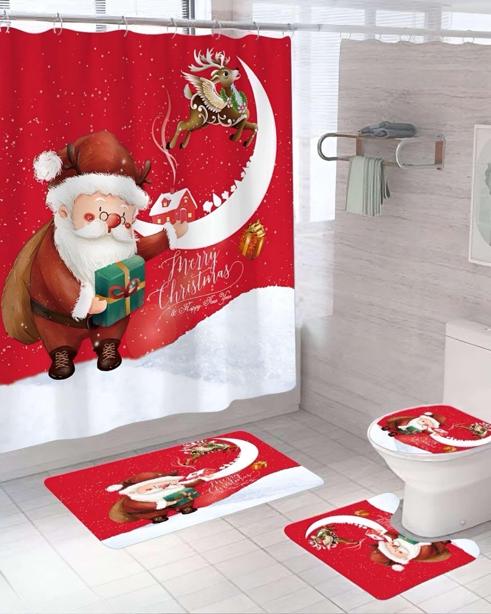SET 4 PIEZAS CORTINA DE BAÑO Y ALFOMBRAS DISEÑO NAVIDEÑO TF04-2