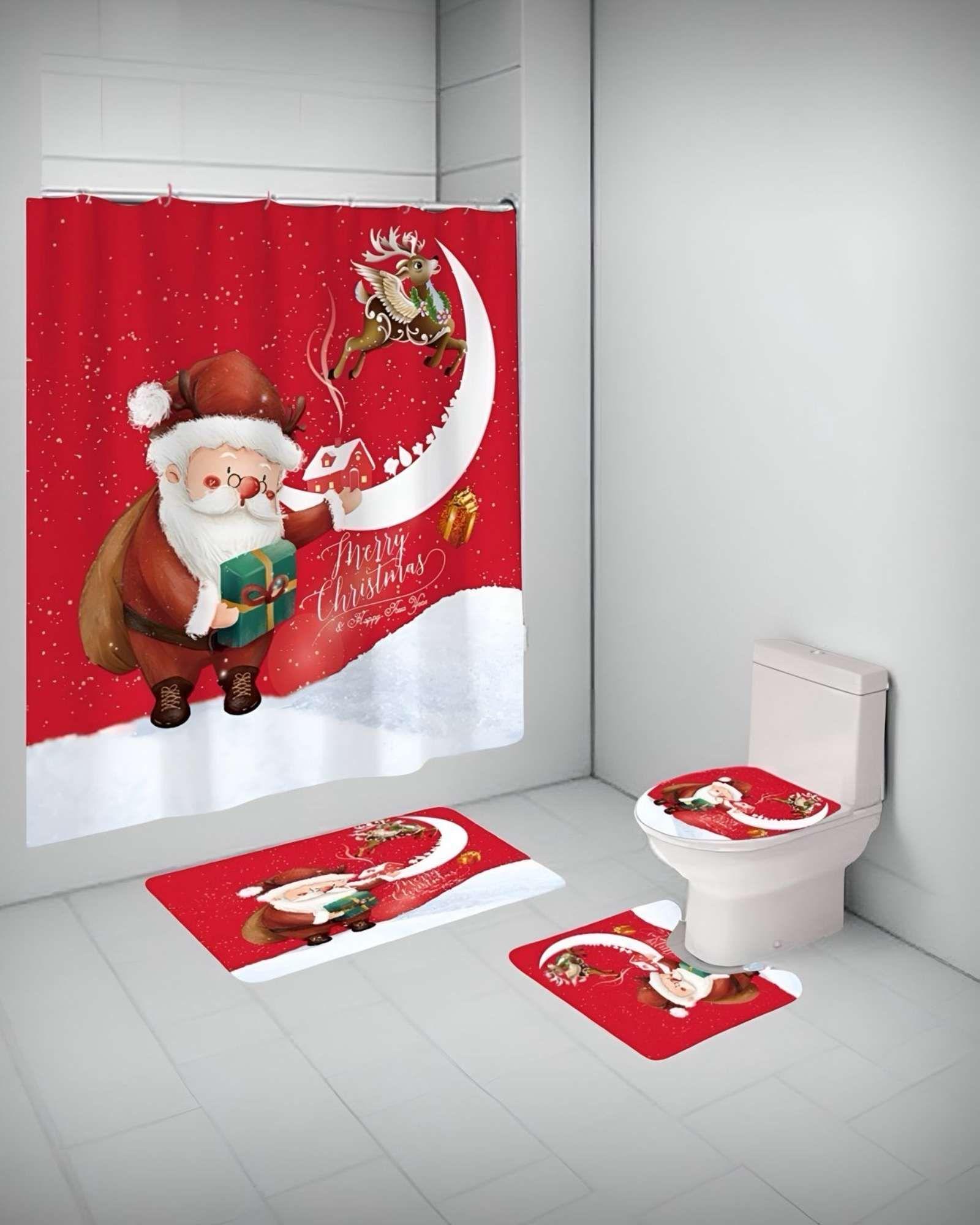SET 4 PIEZAS CORTINA DE BAÑO Y ALFOMBRAS DISEÑO NAVIDEÑO TF04-3