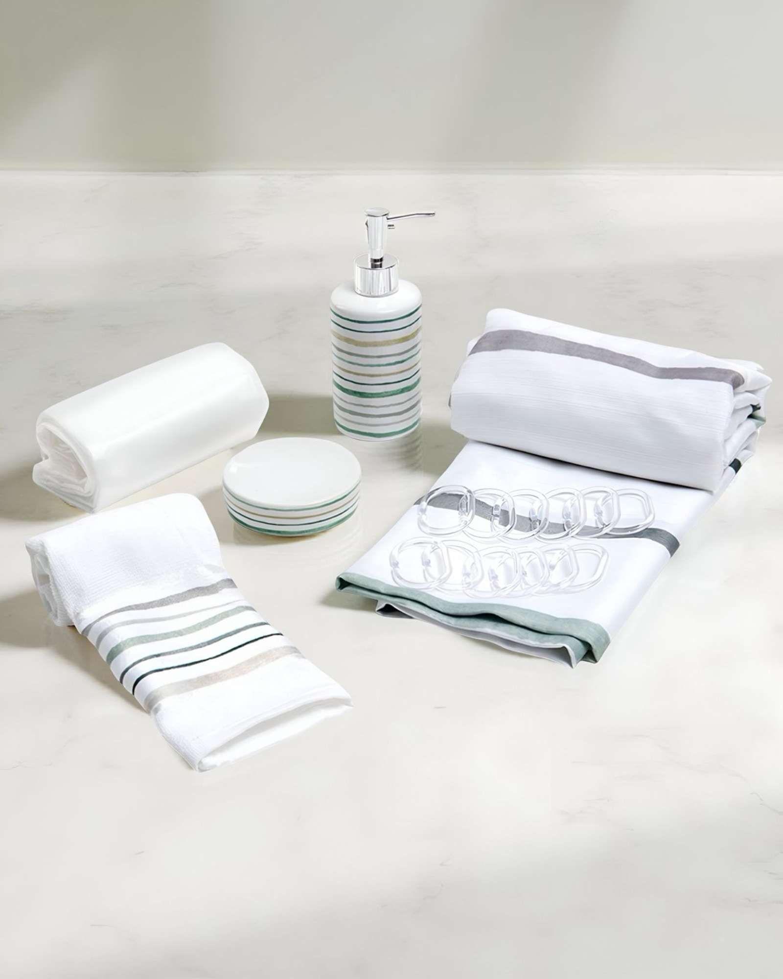 Juego de Baño en Caja 6 Piezas Cortina, Toalla y Jaboneras Mashini A05-3