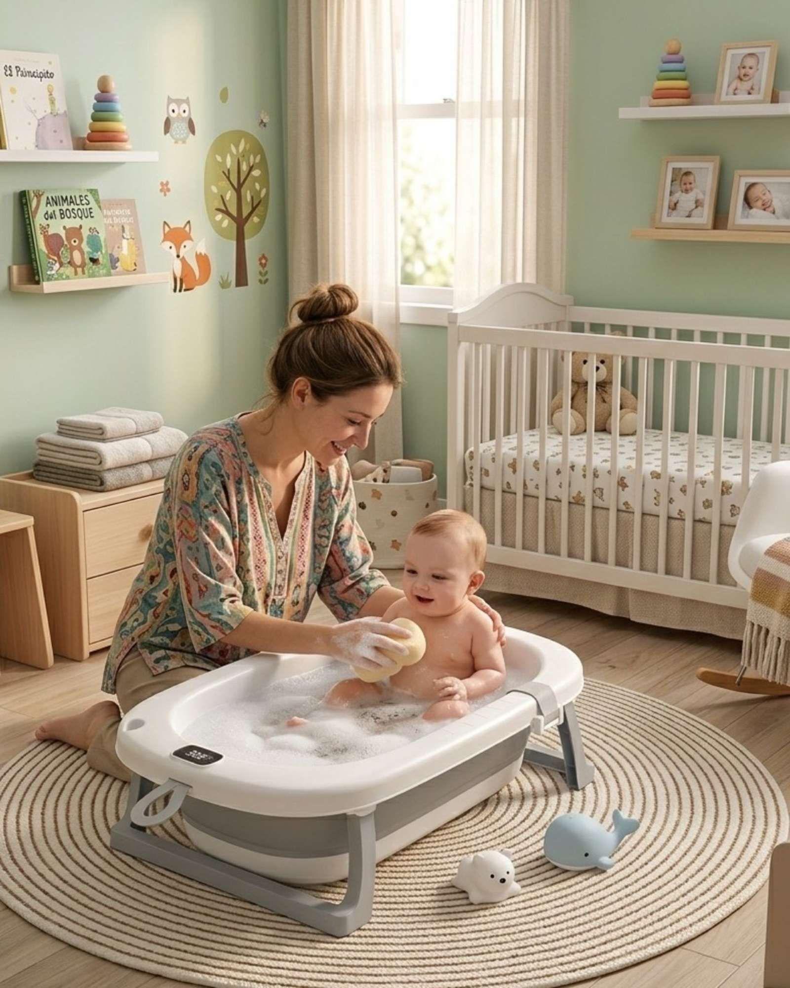 Bañera Plegable Gris para Bebé con Termómetro Digital y Cojín de Soporte Estrellas-2