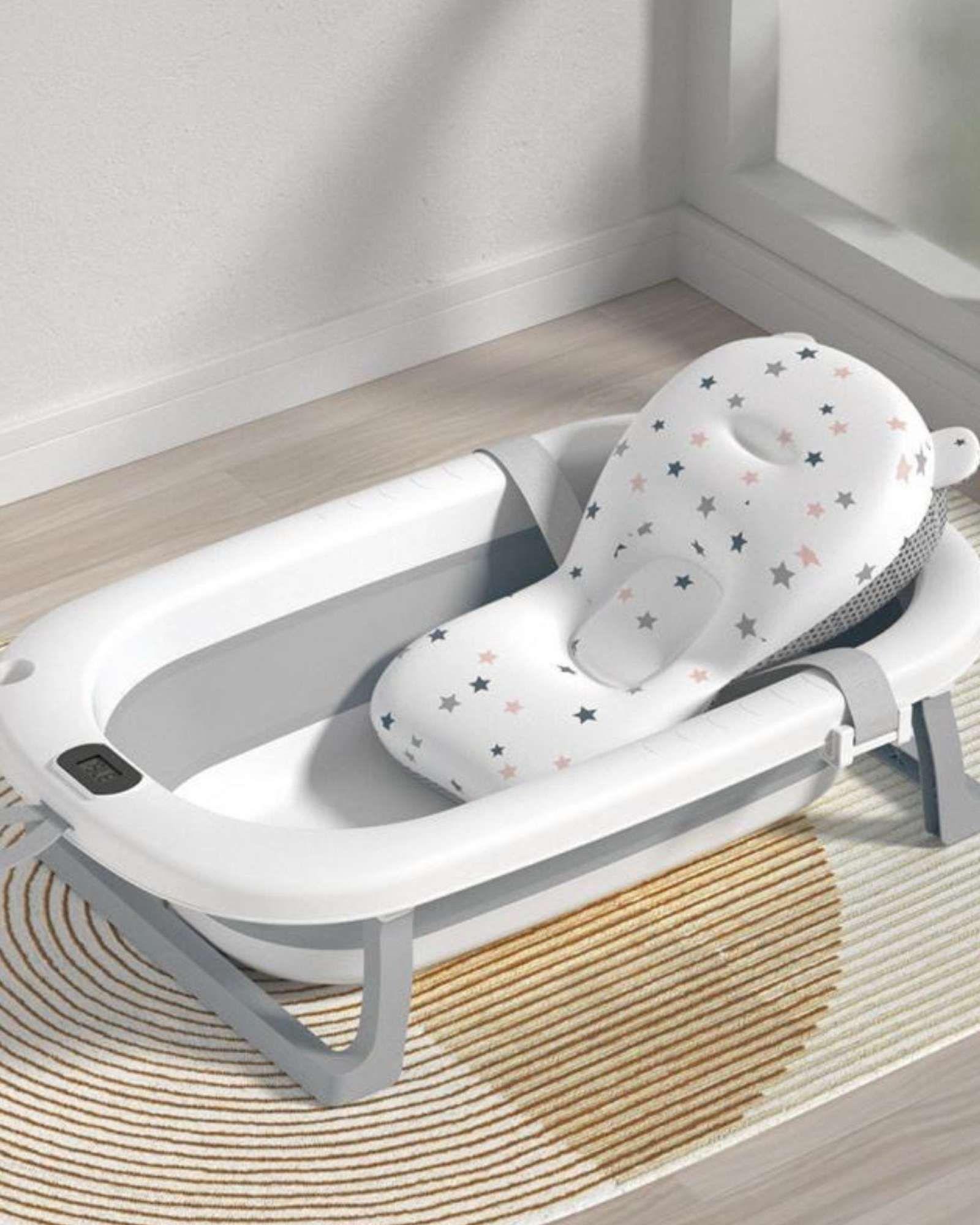 Bañera Plegable Gris para Bebé con Termómetro Digital y Cojín de Soporte Estrellas-3