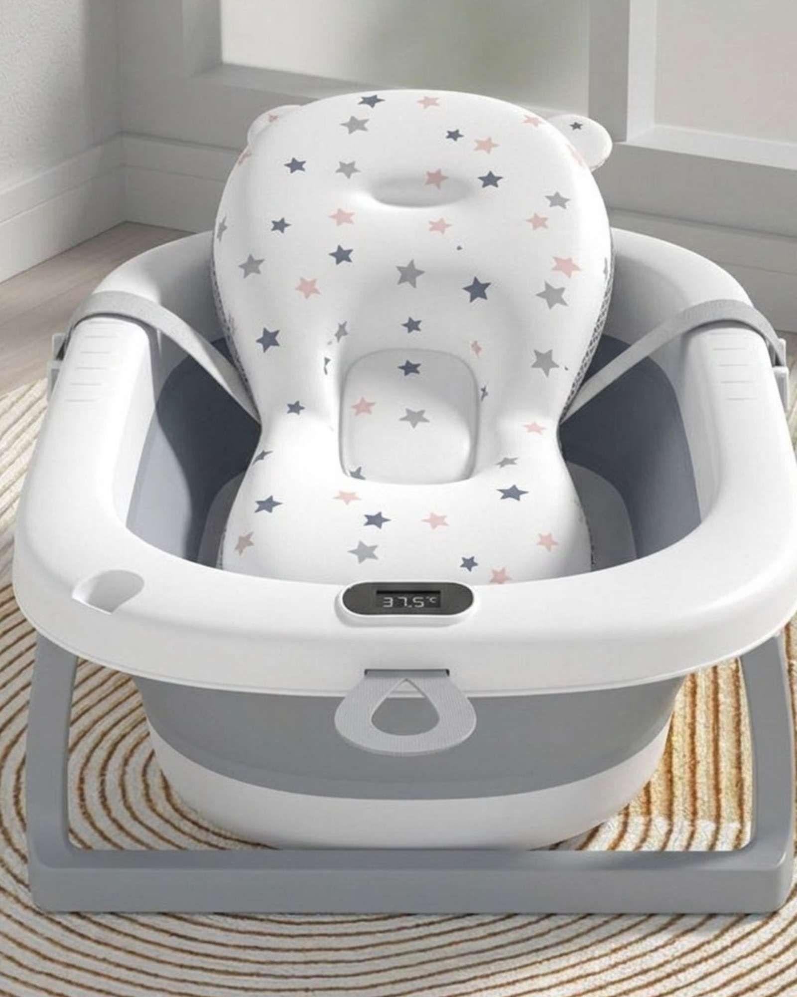 Bañera Plegable Gris para Bebé con Termómetro Digital y Cojín de Soporte Estrellas-4