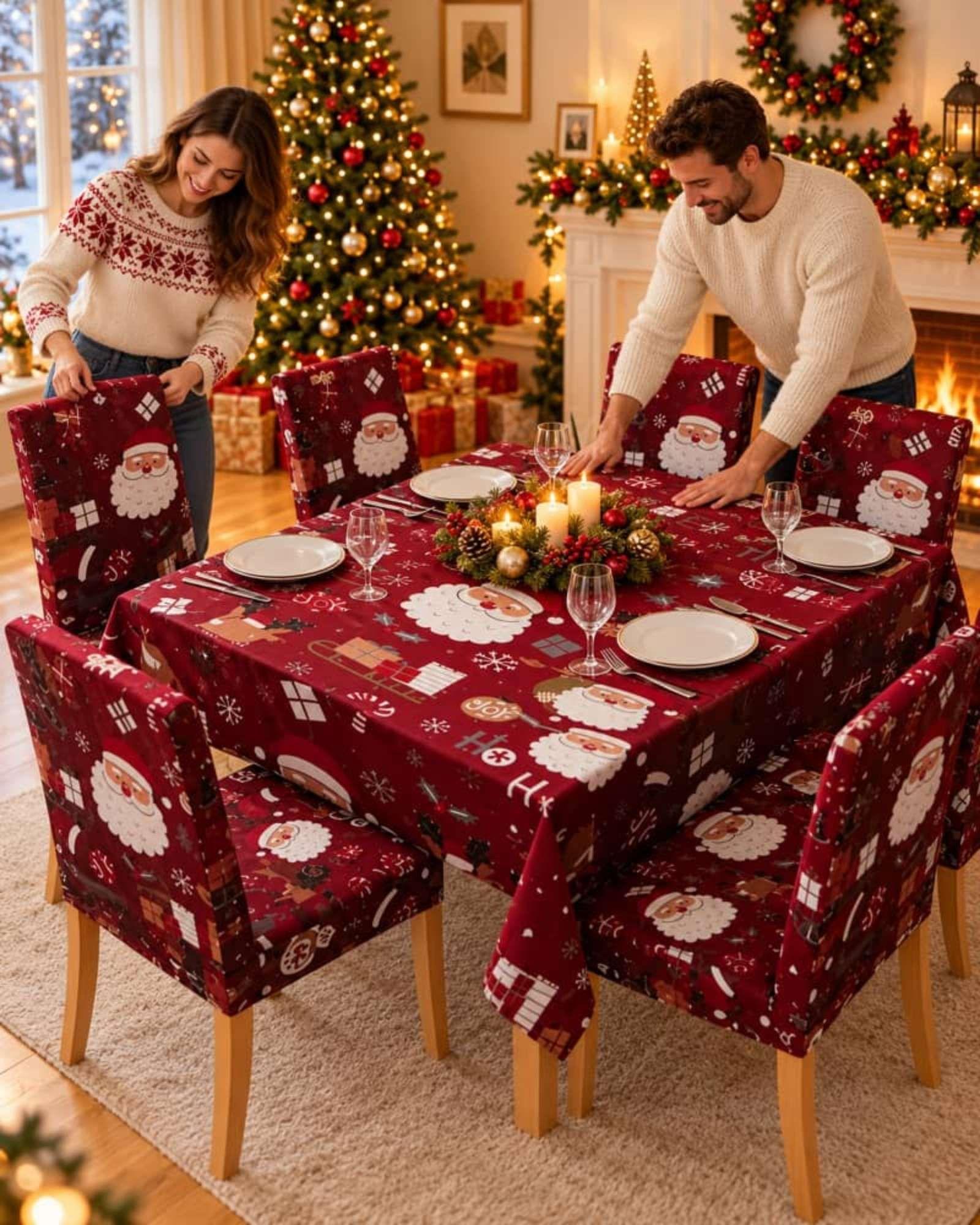 Set Navideño 7 Piezas Mantel 140x220 Y Fundas Para Sillas-2
