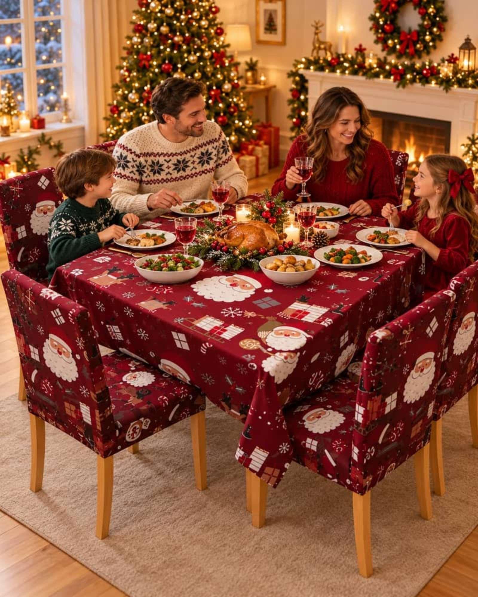 Set Navideño 7 Piezas Mantel 140x220 Y Fundas Para Sillas-5