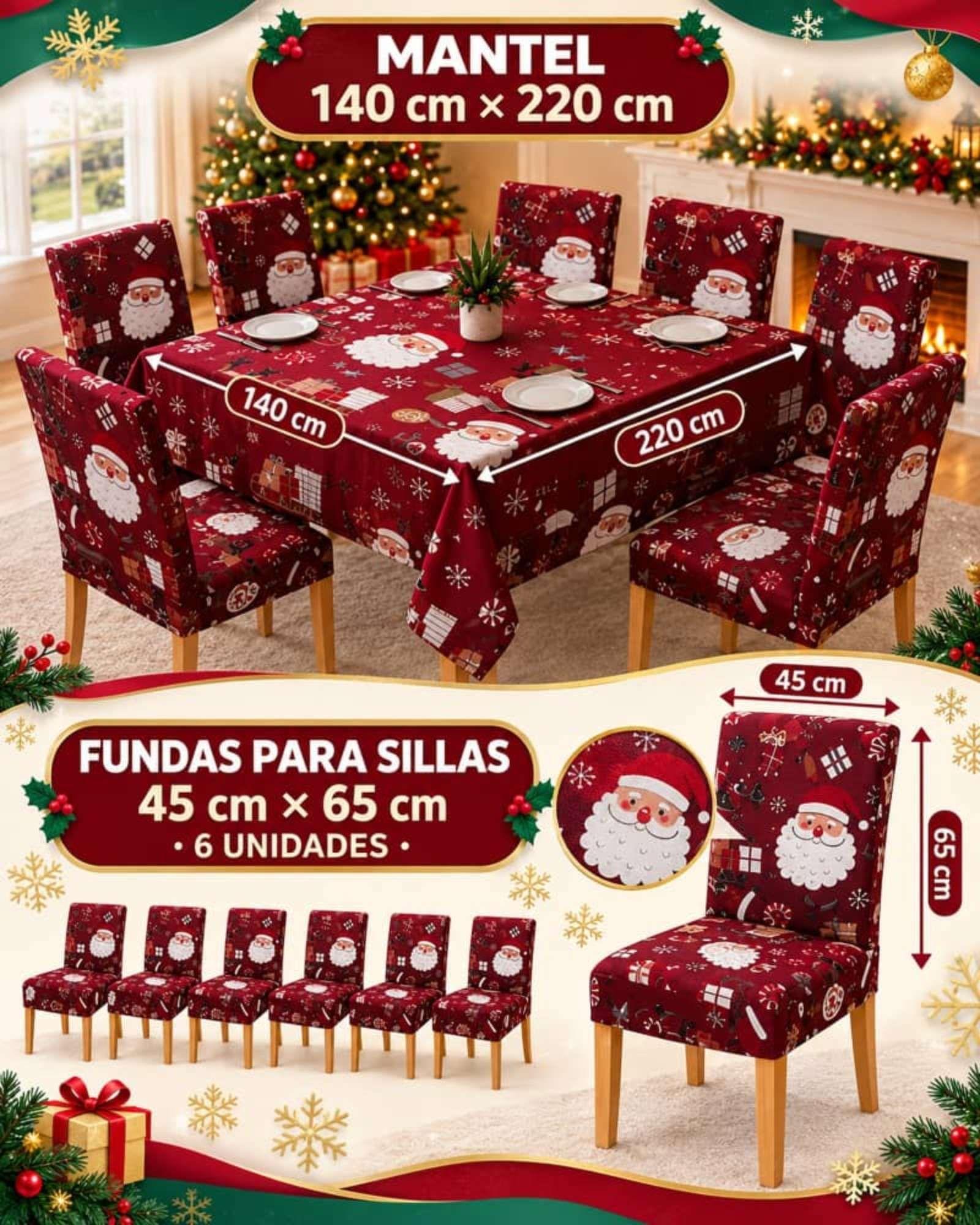 Set Navideño 7 Piezas Mantel 140x220 Y Fundas Para Sillas-7