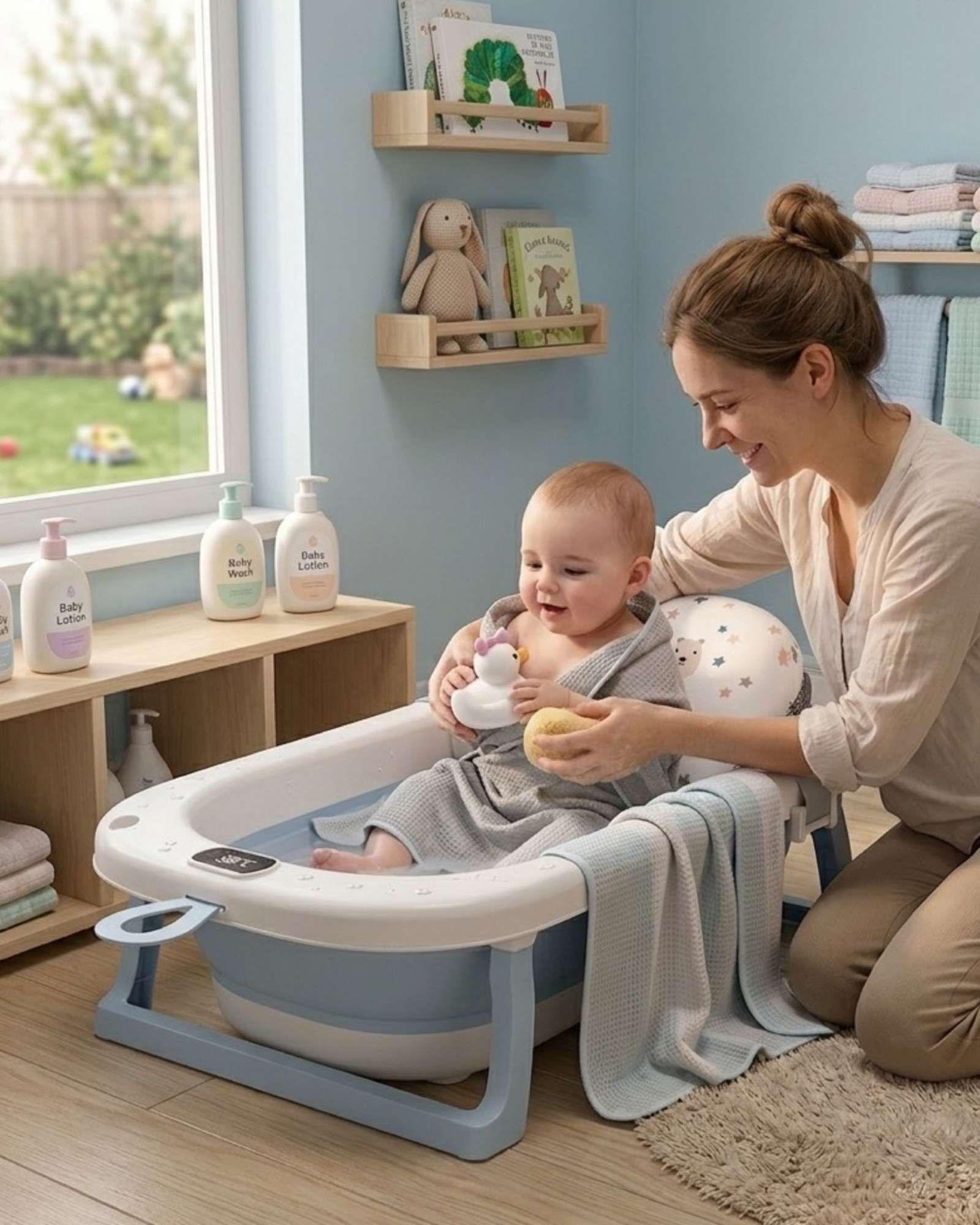 Bañera Plegable Azul para Bebé con Termómetro Digital y Cojín de Soporte Estrellas-3