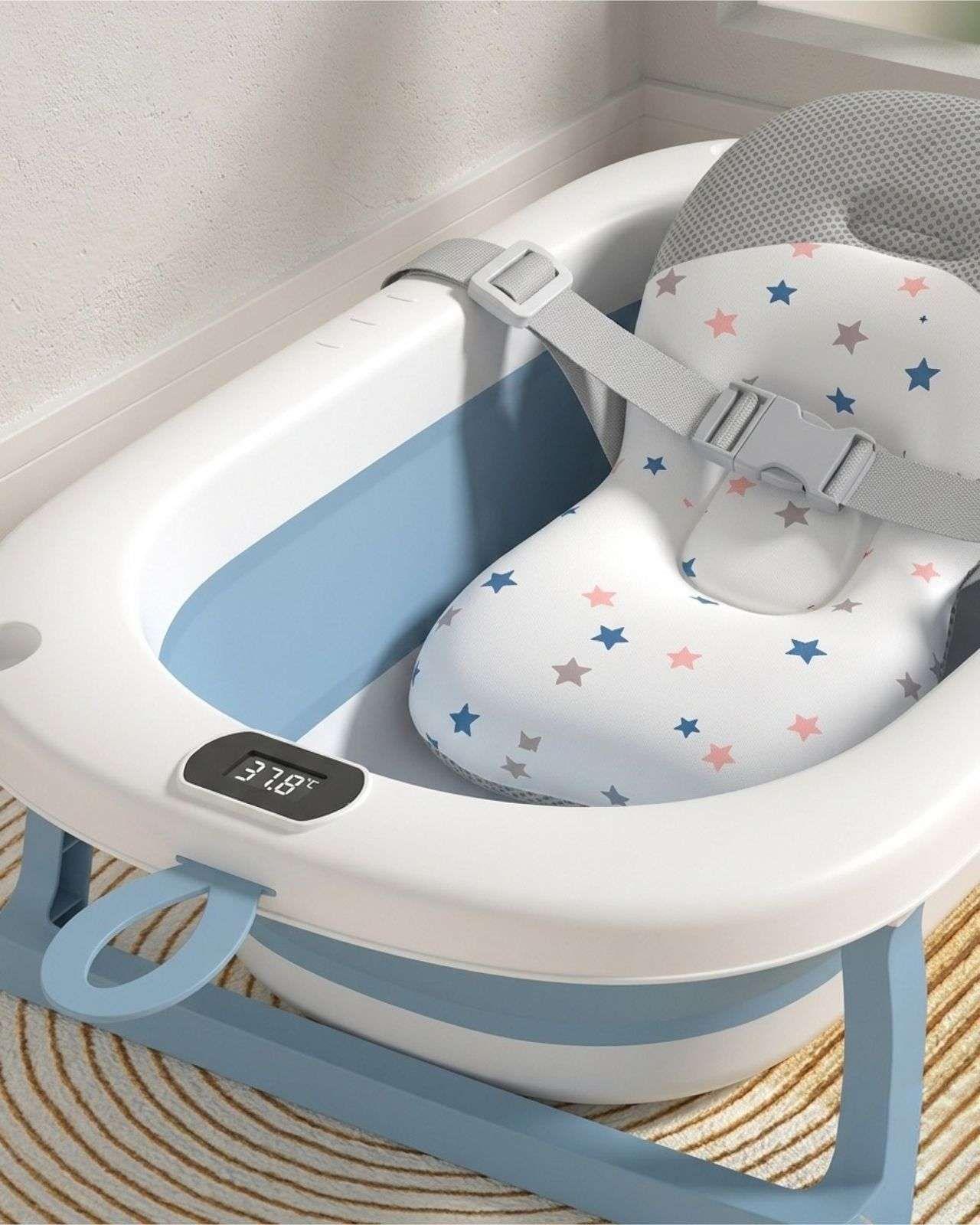 Bañera Plegable Azul para Bebé con Termómetro Digital y Cojín de Soporte Estrellas-4