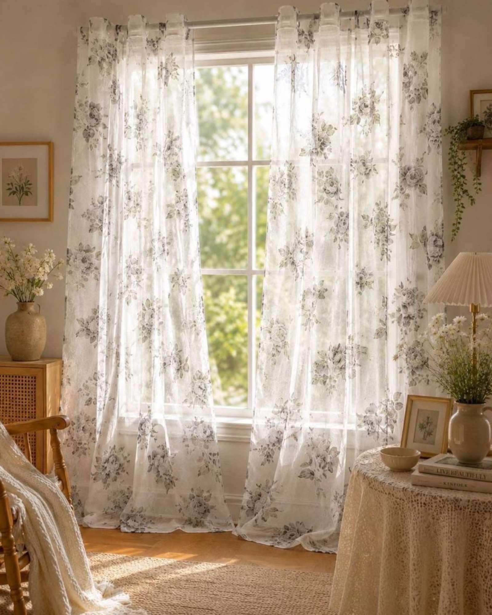 Cortina Visillo Translúcida con Estampado Floral para Living y Dormitorio-0