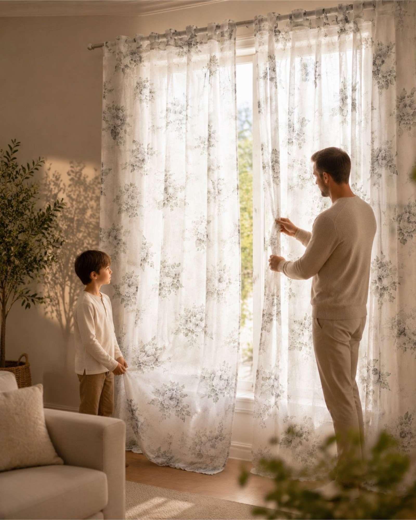 Cortina Visillo Translúcida con Estampado Floral para Living y Dormitorio-1