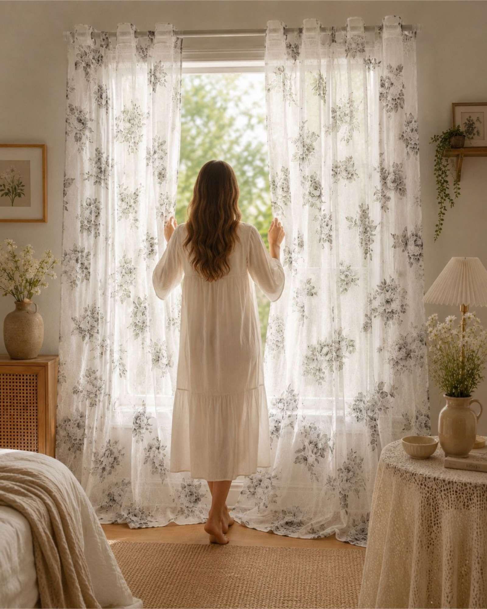 Cortina Visillo Translúcida con Estampado Floral para Living y Dormitorio-2