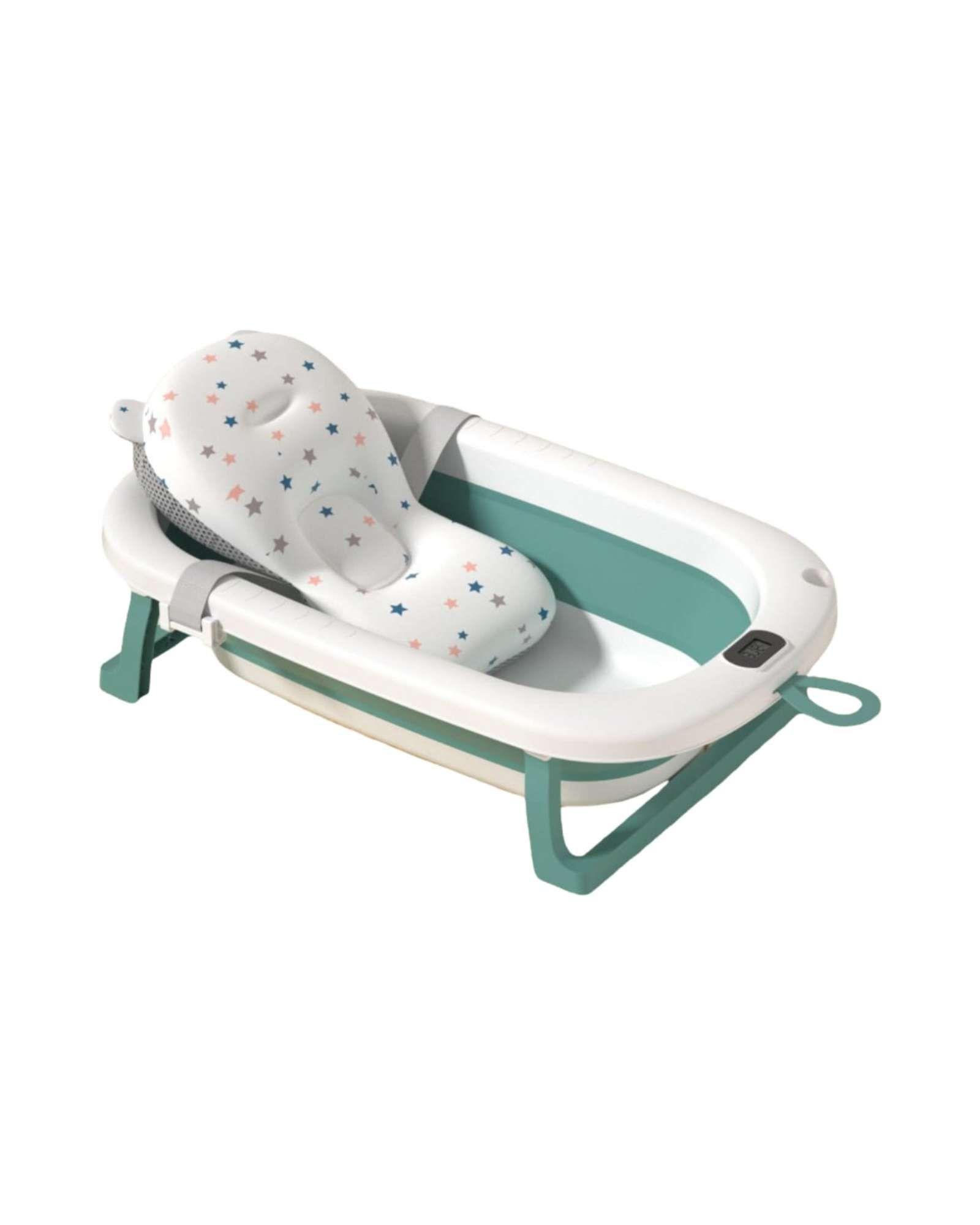 BAÑERA PLEGABLE CON TERMOMETRO Y COJÍN PARA BEBES VERDE-2