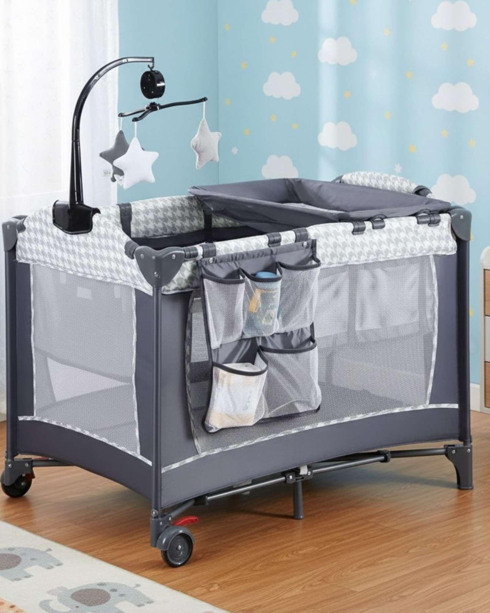 Corral Cuna Pack & Play 3 en 1 con Mudador Móvil y Organizador Gris Houndstooth-2