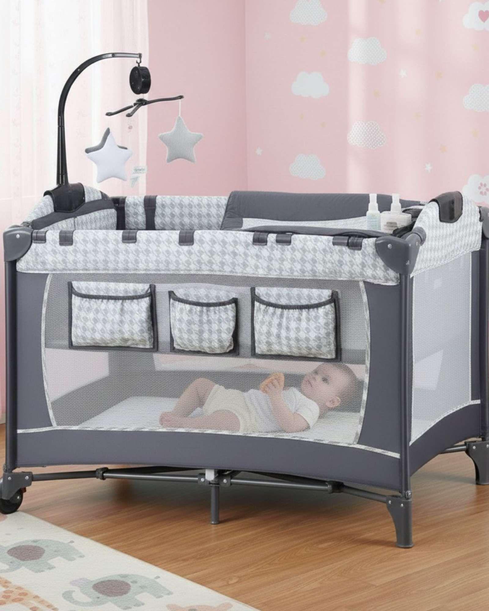 Corral Cuna Pack & Play 3 en 1 con Mudador Móvil y Organizador Gris Houndstooth-3