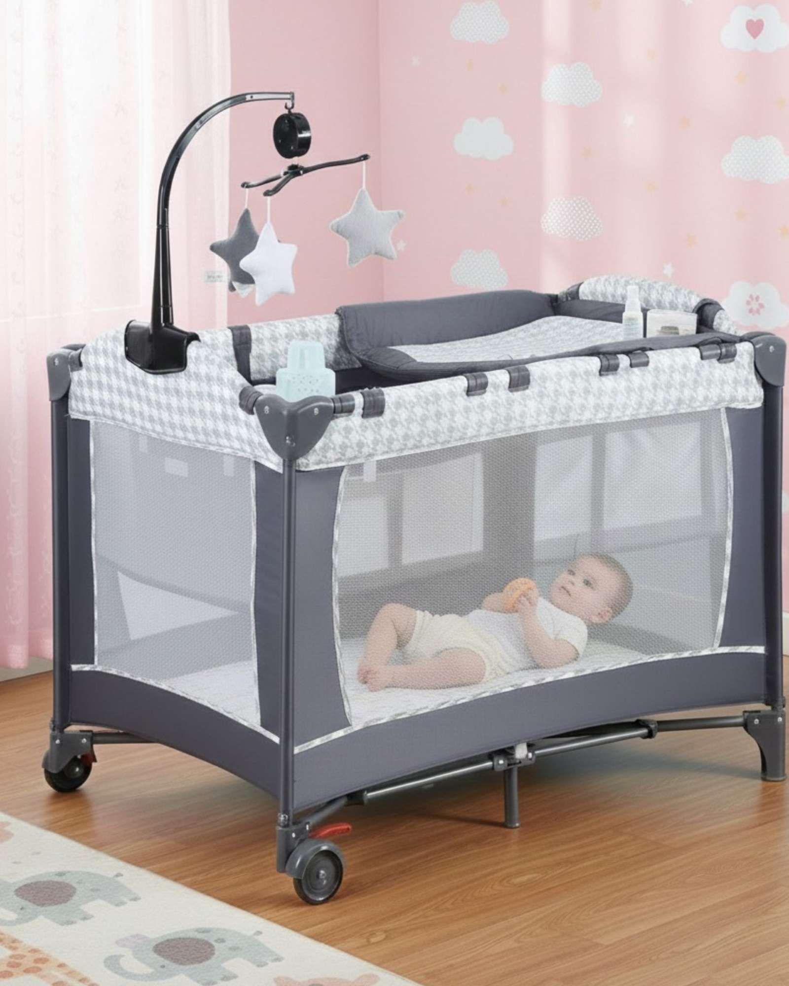 Corral Cuna Pack & Play 3 en 1 con Mudador Móvil y Organizador Gris Houndstooth-4
