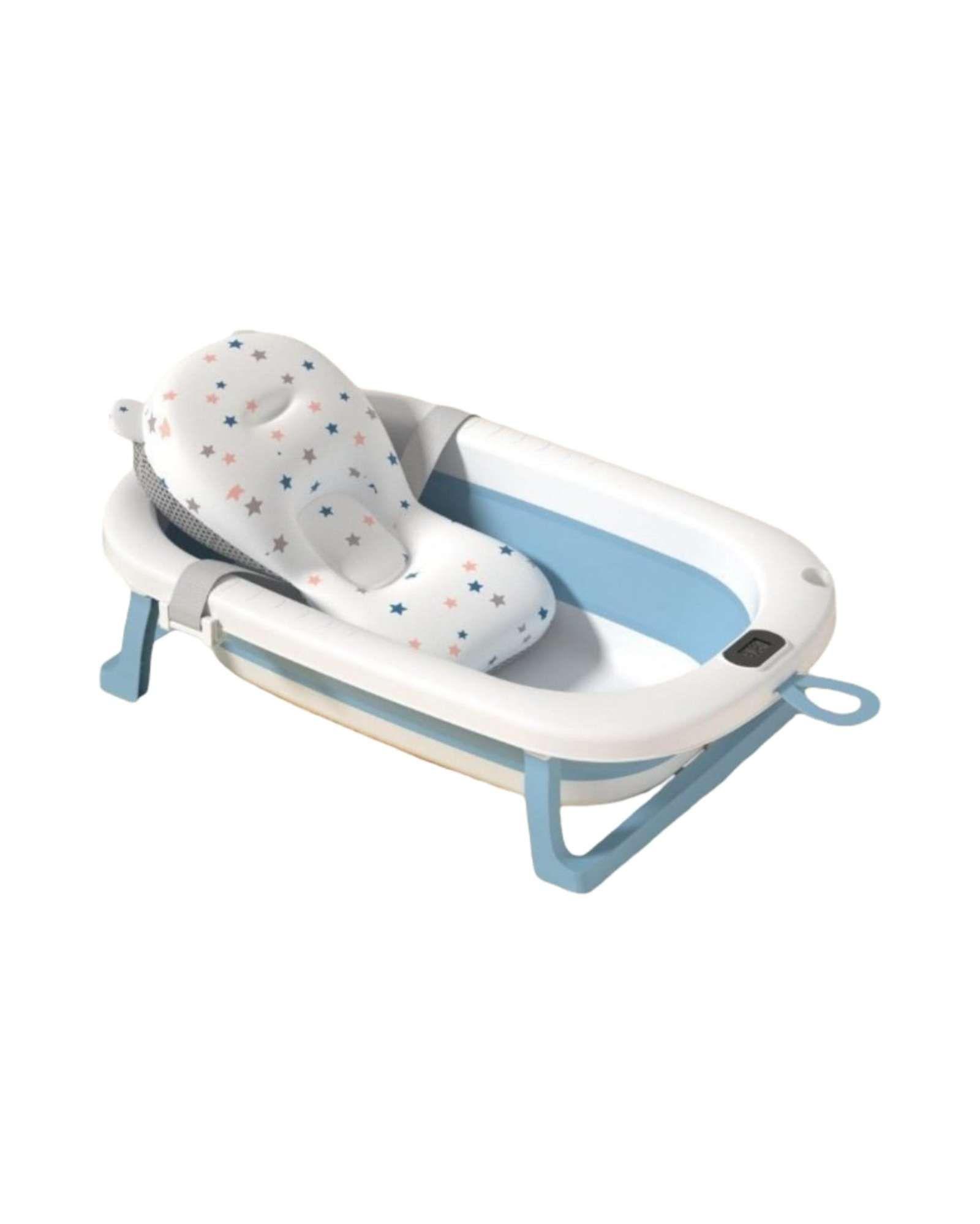 BAÑERA PLEGABLE CON TERMOMETRO Y COJÍN PARA BEBES AZUL-2