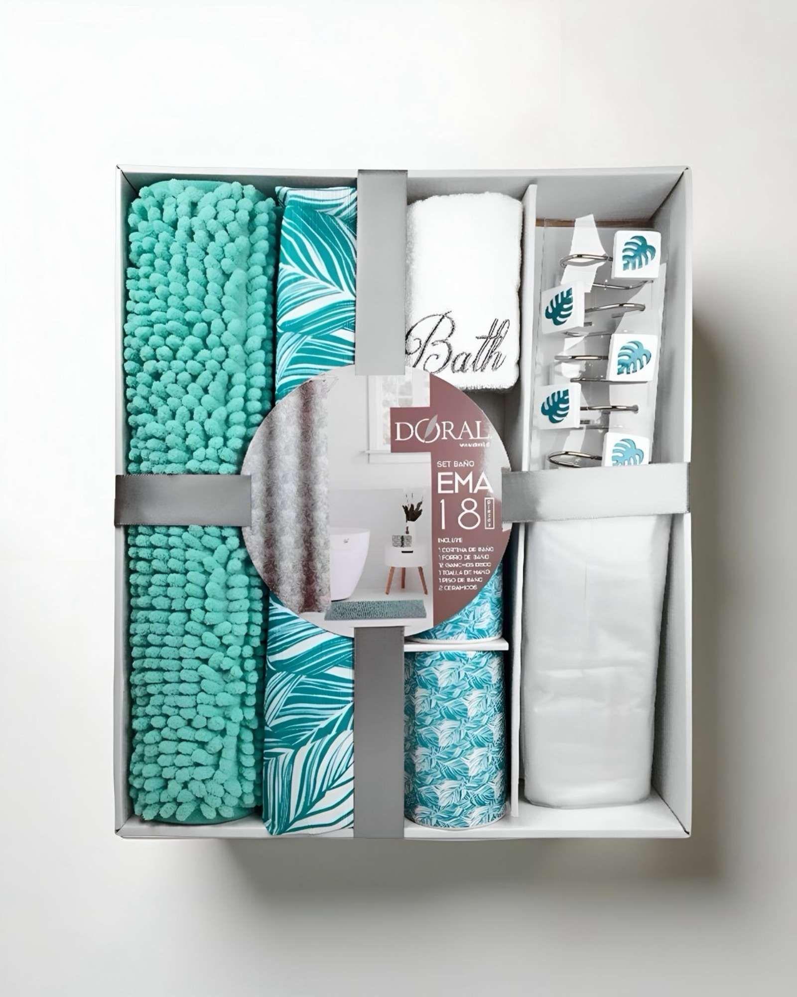 Juego de Baño 18 Piezas Cortina, Alfombra, Toalla y Jaboneras Doral A11-3