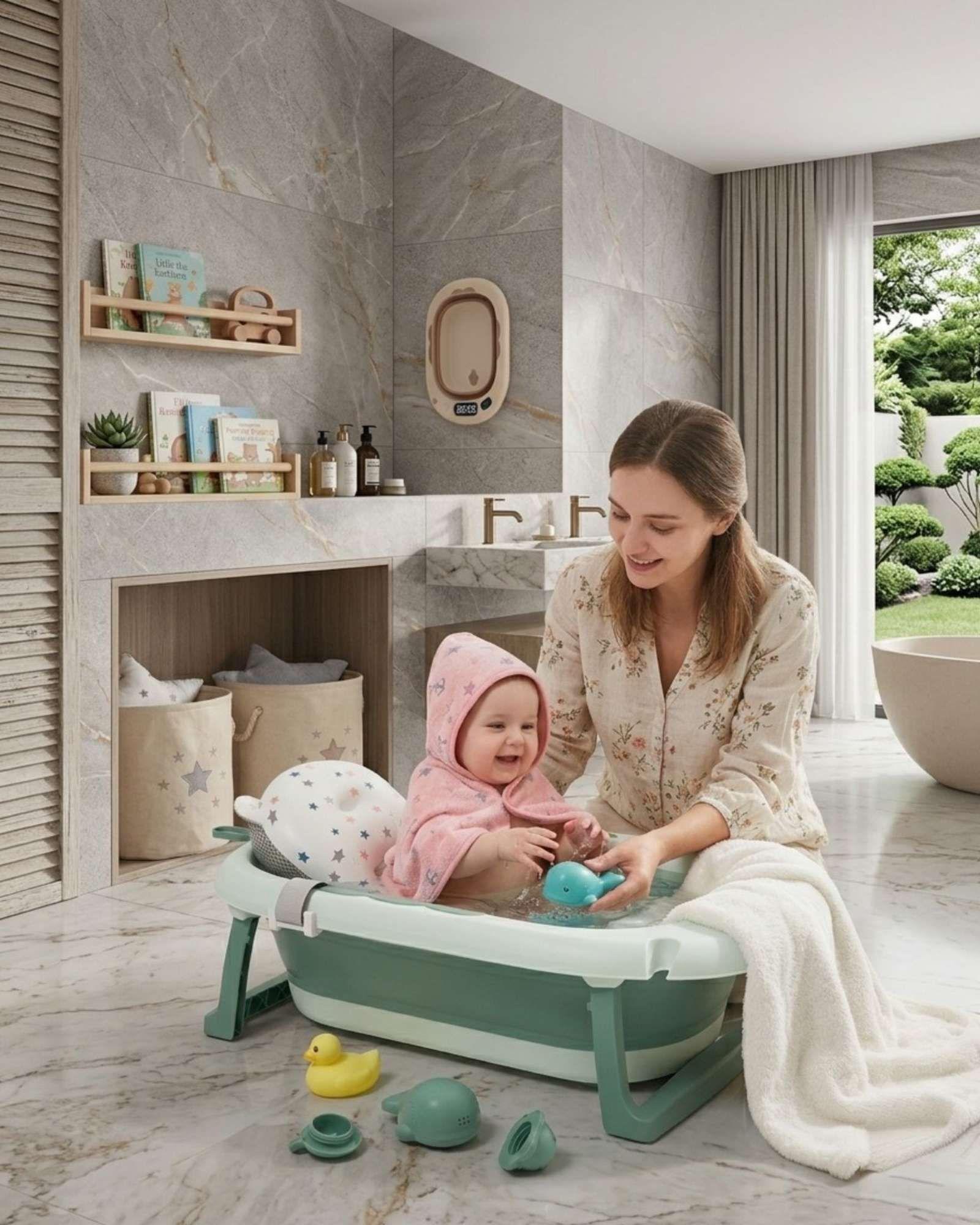 Bañera Plegable Verde Ergonómica para Bebé con Cojín de Seguridad y Termómetro Digital-3