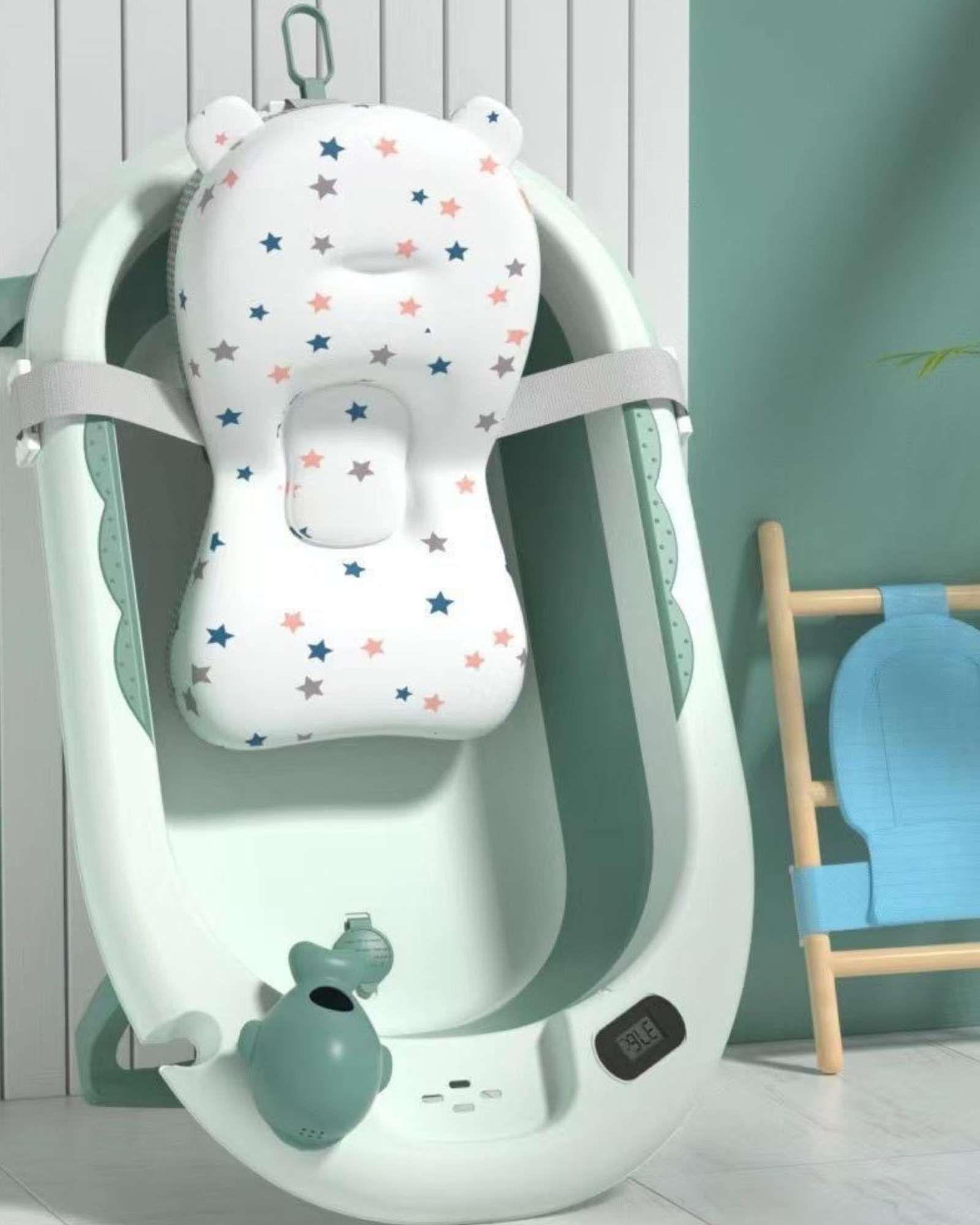 Bañera Plegable Verde Ergonómica para Bebé con Cojín de Seguridad y Termómetro Digital-4