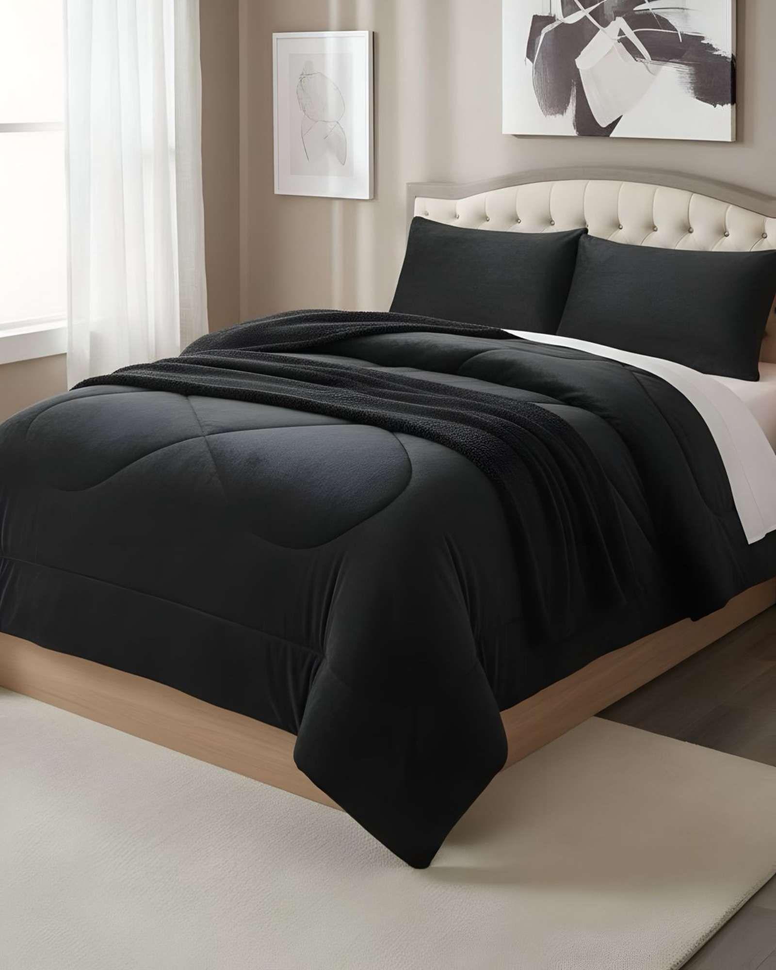 Cubrecama plush con chiporro Acolchado liso King negro-2