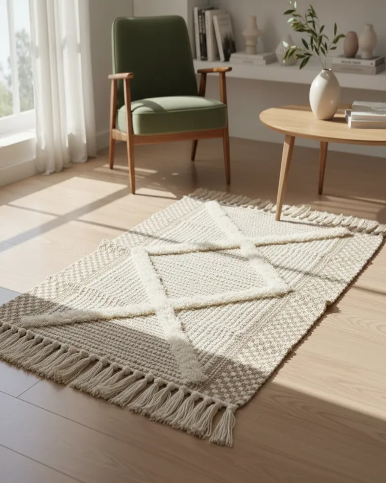 Alfombra de Lino Bajada de Cama estilo Boho medida 60 cm x 90 cm A1-0