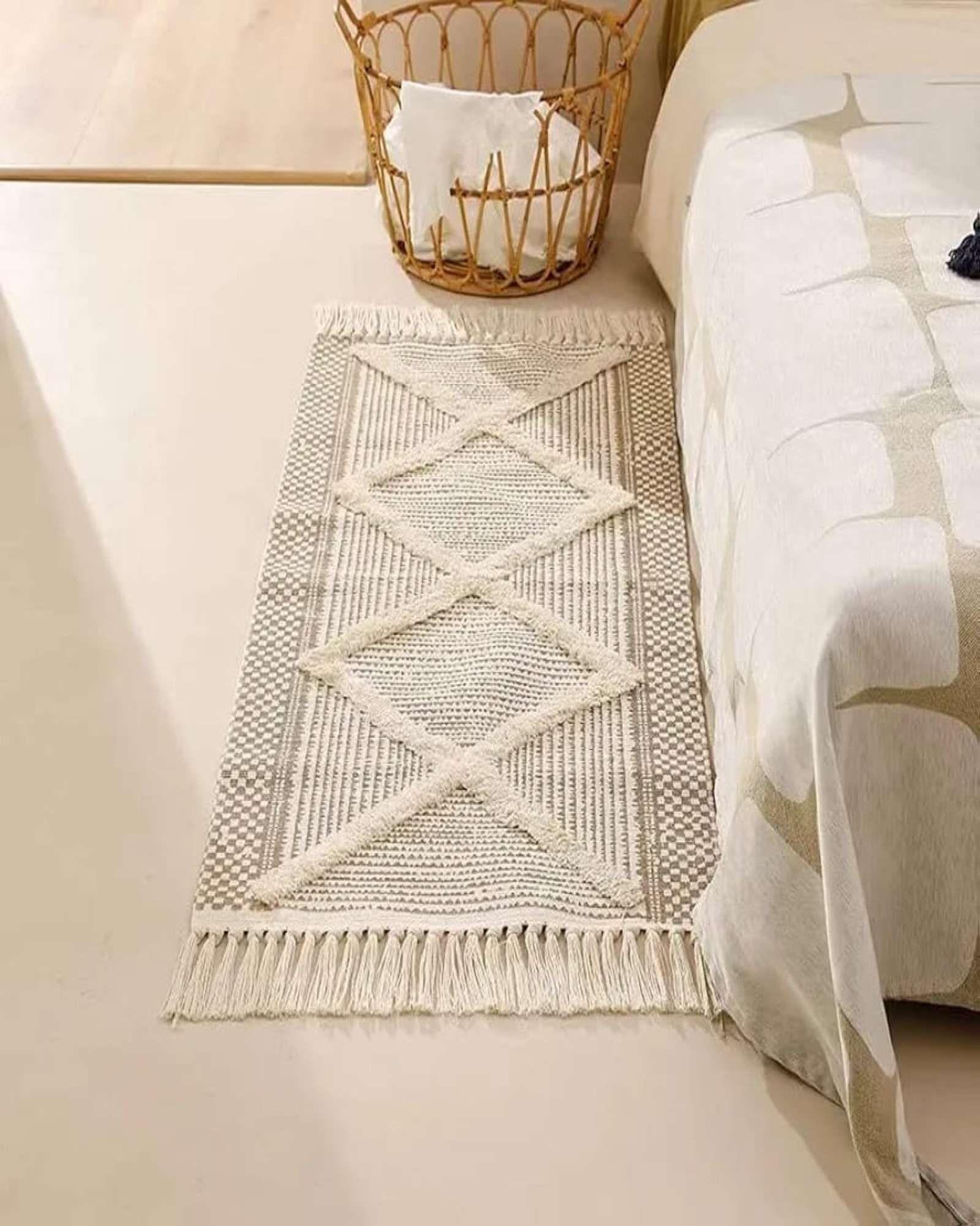Alfombra de Lino Bajada de Cama estilo Boho medida 60 cm x 90 cm A1-3