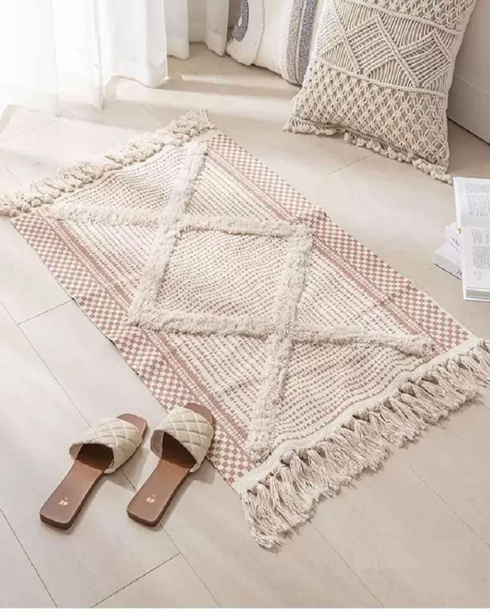 Alfombra de Lino Bajada de Cama estilo Boho medida 60 cm x 90 cm A1-4