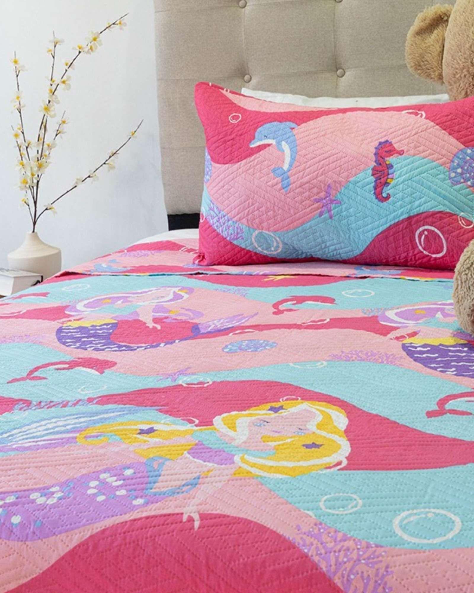 CUBRECAMA QUILT PRIMAVERA VERANO ROSA SIRENA PLAZA Y MEDIA-3