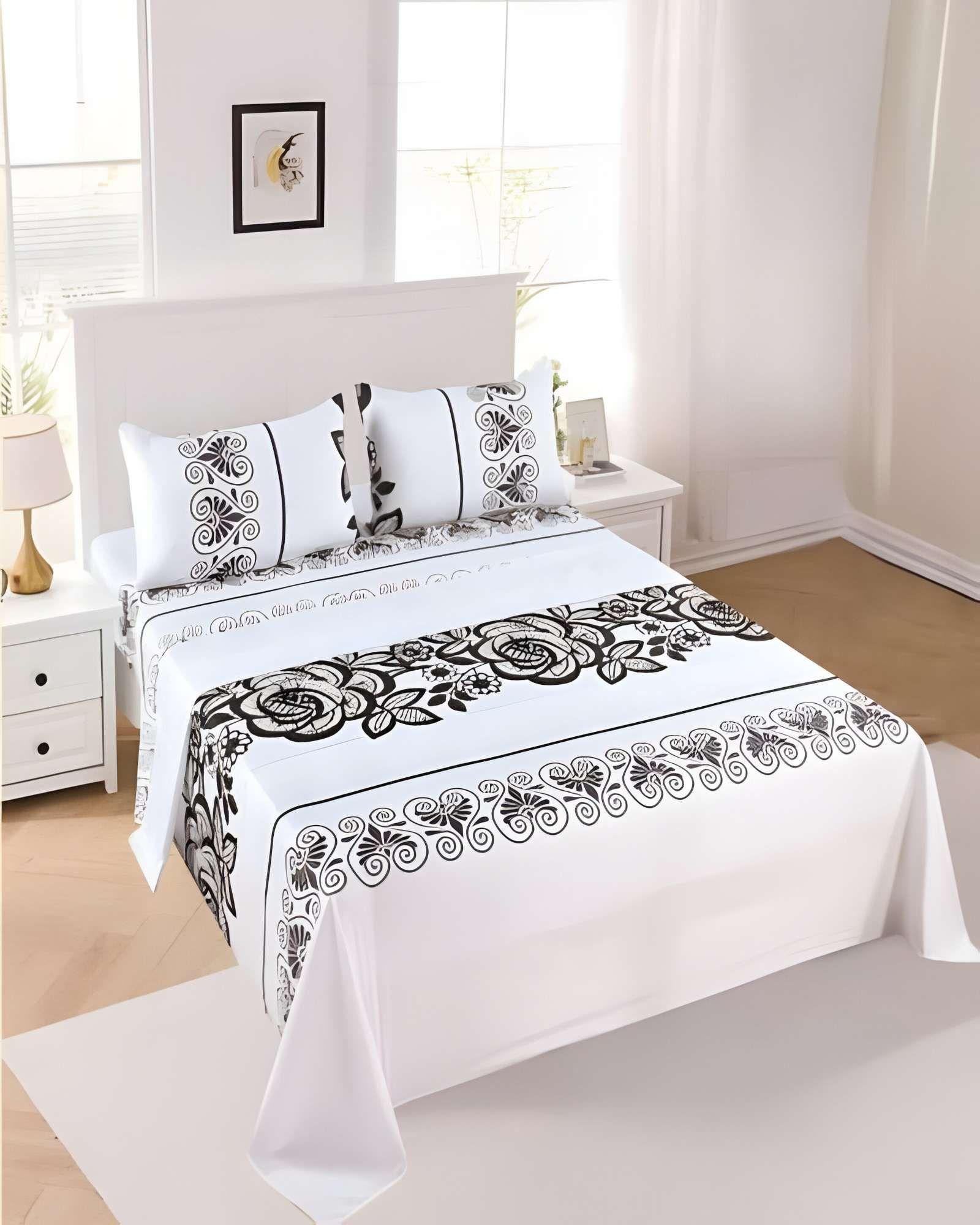 JUEGO DE SABANAS DISEÑO ESTAMPADAS 2 PLAZAS BLANCO-3