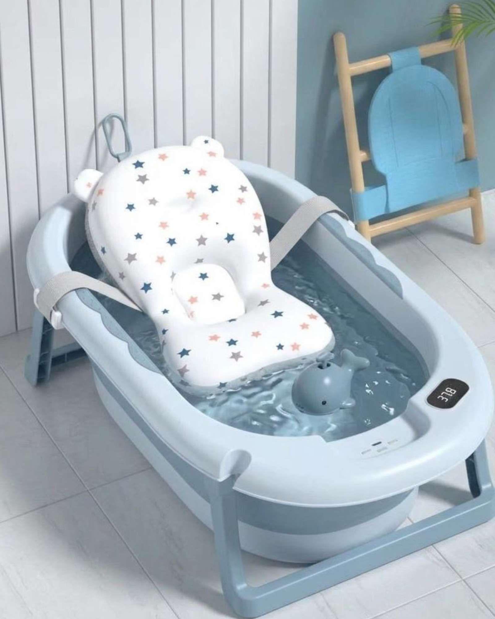 Bañera Plegable Azul Ergonómica para Bebé con Cojín de Seguridad y Termómetro Digital-2