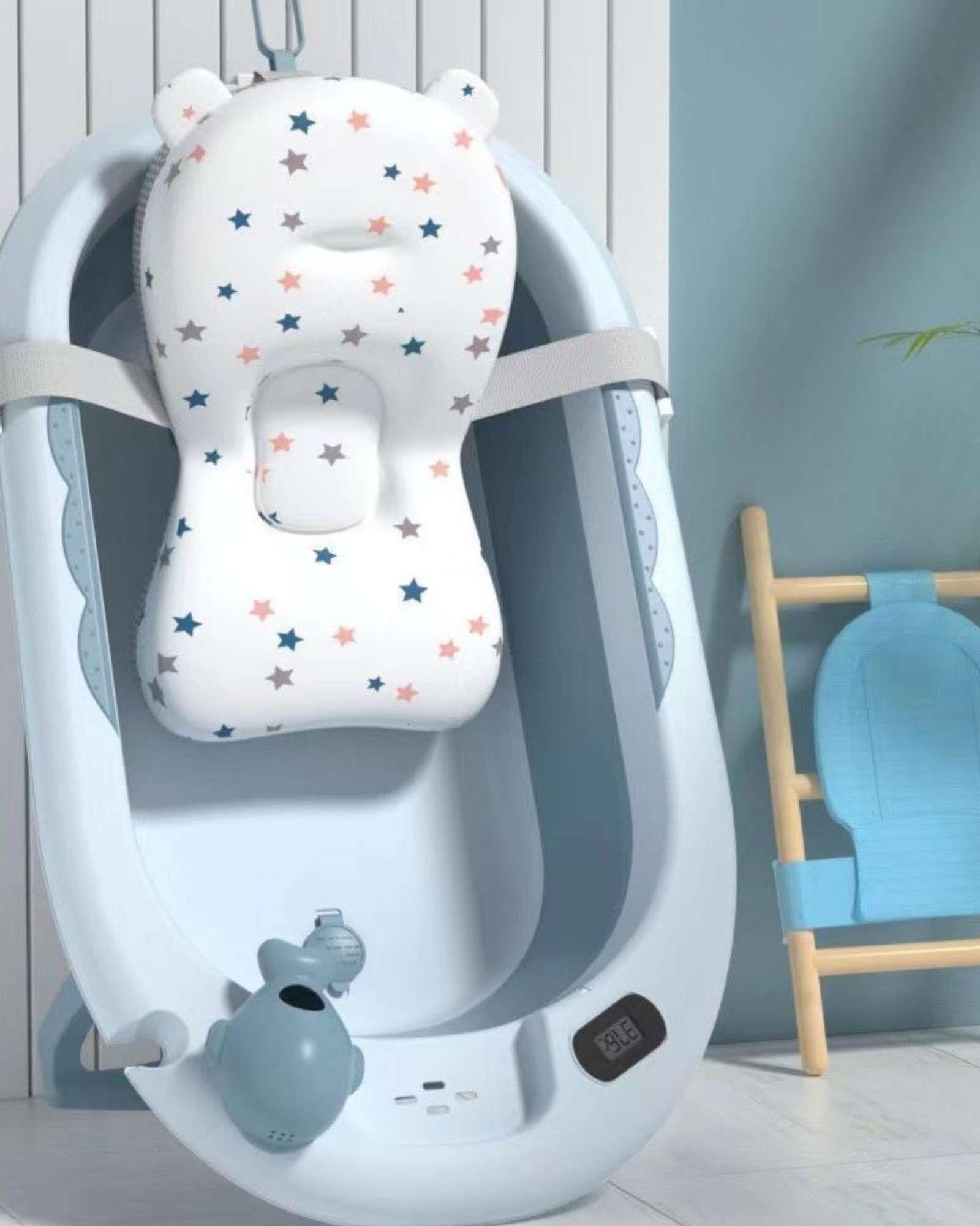 Bañera Plegable Azul Ergonómica para Bebé con Cojín de Seguridad y Termómetro Digital-3