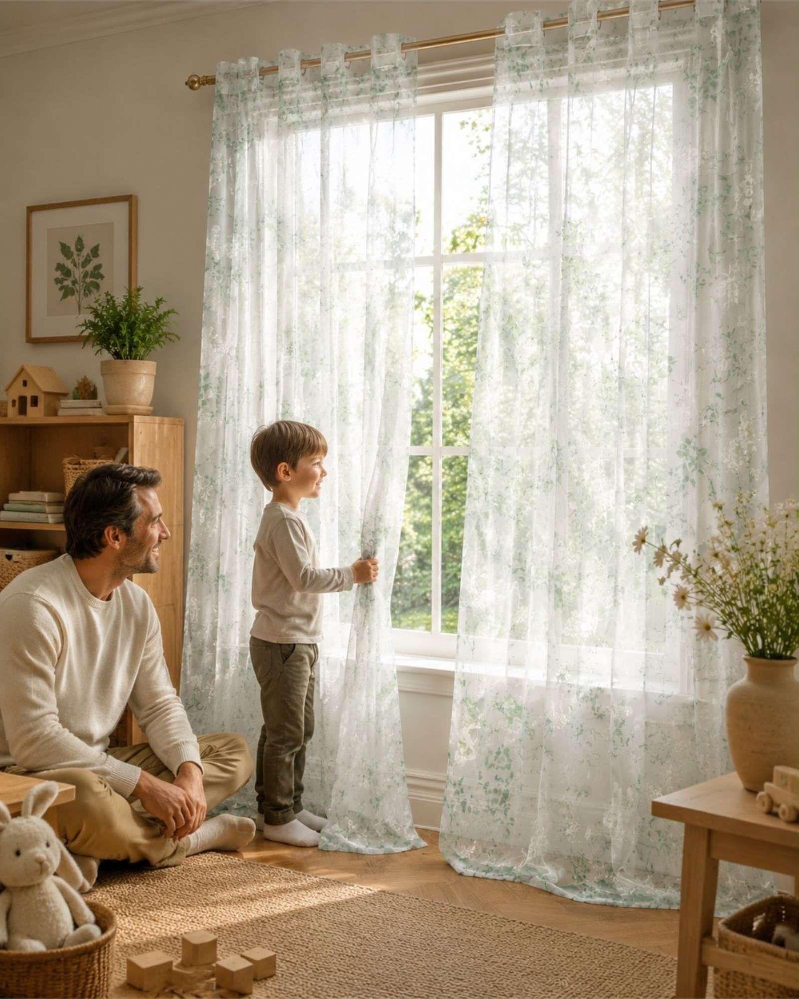 Cortina Visillo Translúcida con Estampado Floral para Living y Dormitorio-0