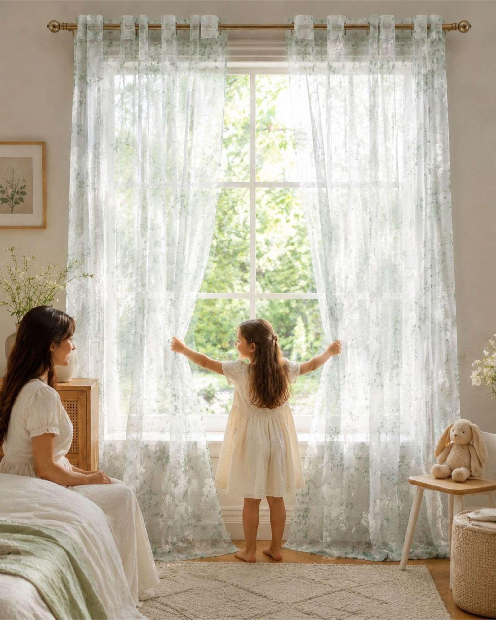 Cortina Visillo Translúcida con Estampado Floral para Living y Dormitorio-1