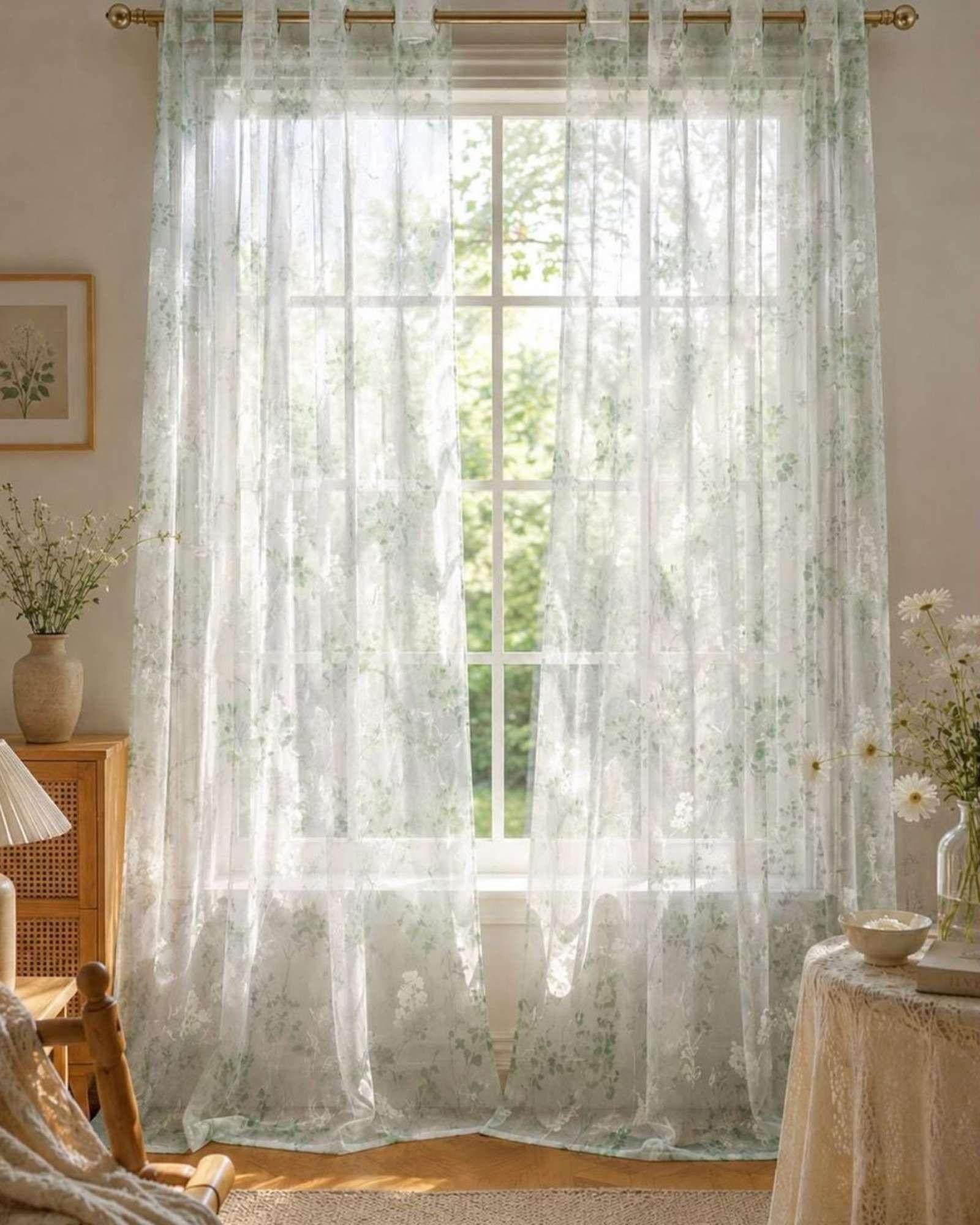 Cortina Visillo Translúcida con Estampado Floral para Living y Dormitorio-4