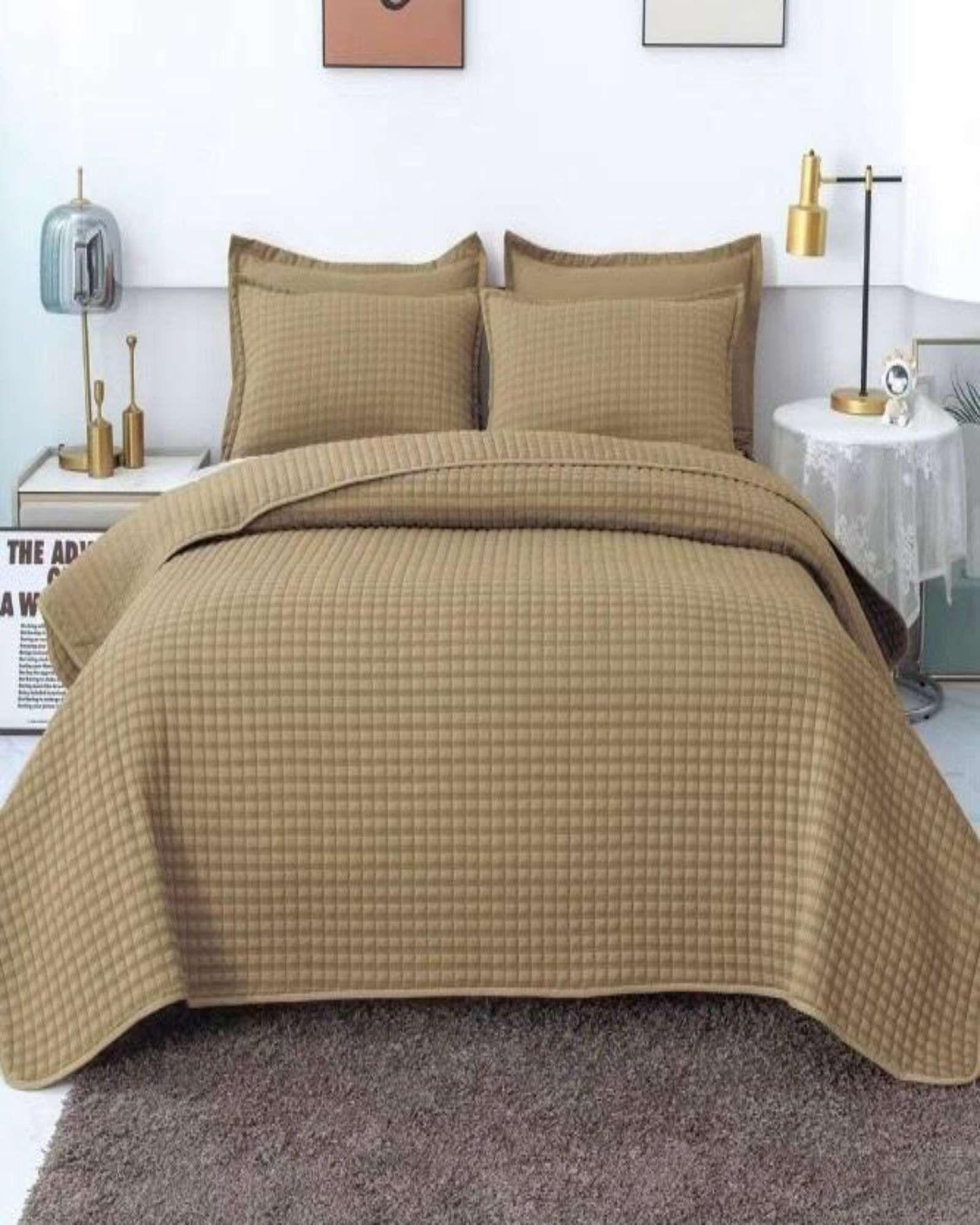 COBERTOR DE LUJO QUILT VERANO PLAZA Y MEDIA CAQUI-2