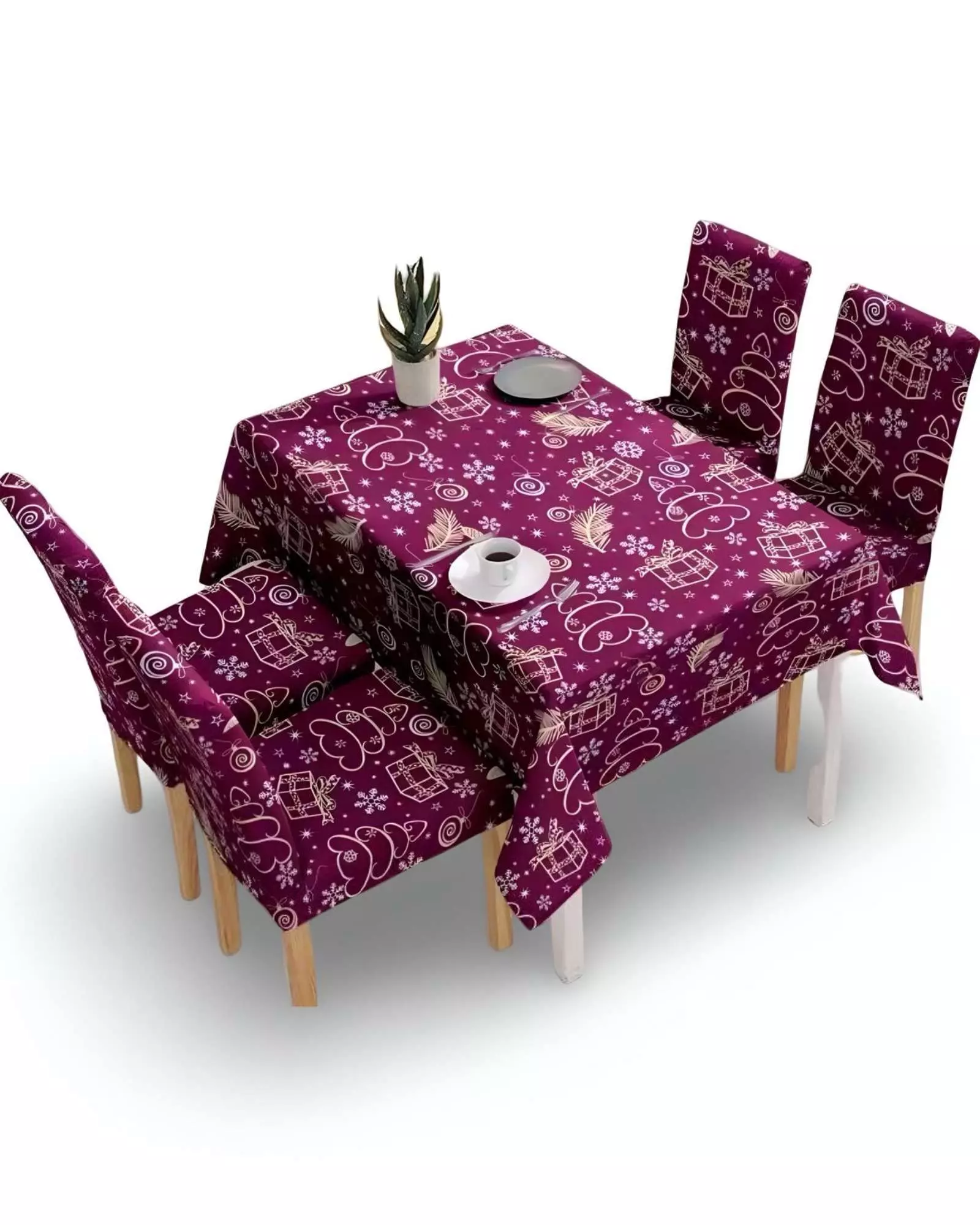 Juego Mantel más 6 fundas de sillas antimanchas navideño 140x220 cm 01-1