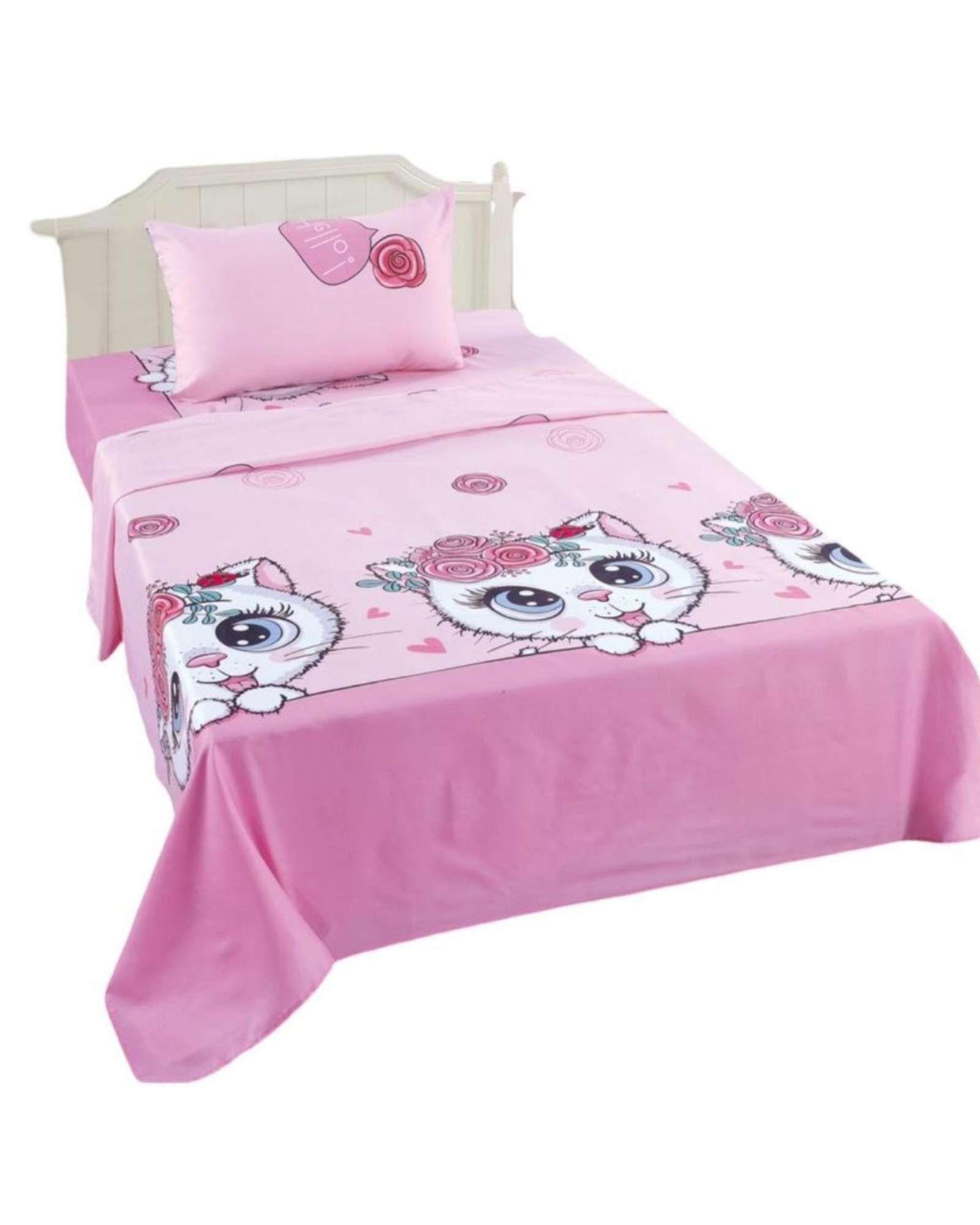 Juego de Sabanas de verano Gatita niña Infantil plaza y media  MAS 1 ALMOHADA -1