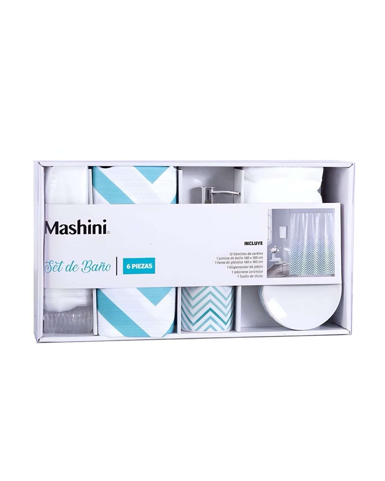Juego de Baño en Caja 6 Piezas Cortina, Toalla y Jaboneras Mashini A07-2