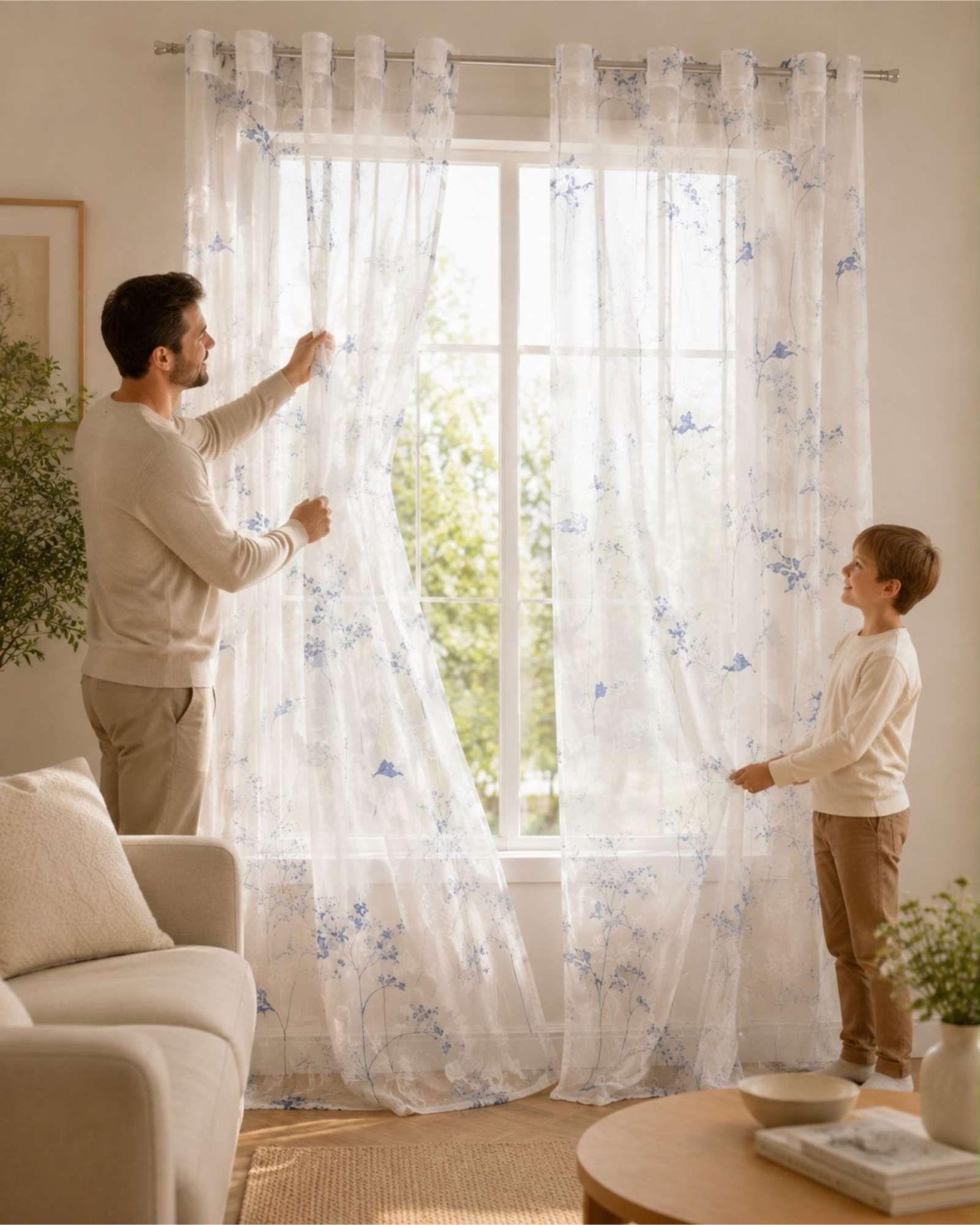 Cortina Visillo Translúcida con Estampado Floral para Living y Dormitorio-0