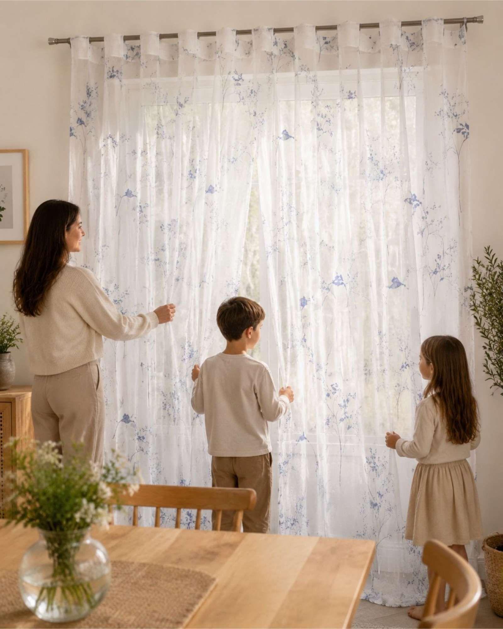 Cortina Visillo Translúcida con Estampado Floral para Living y Dormitorio-1