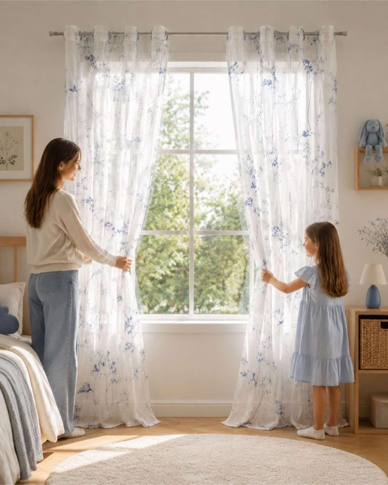 Cortina Visillo Translúcida con Estampado Floral para Living y Dormitorio-2