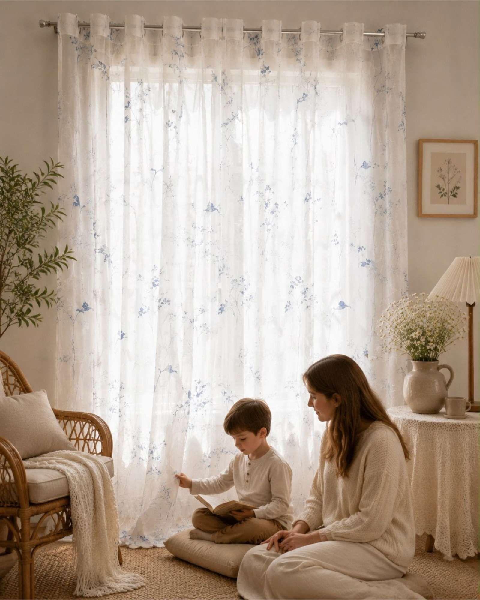 Cortina Visillo Translúcida con Estampado Floral para Living y Dormitorio-4