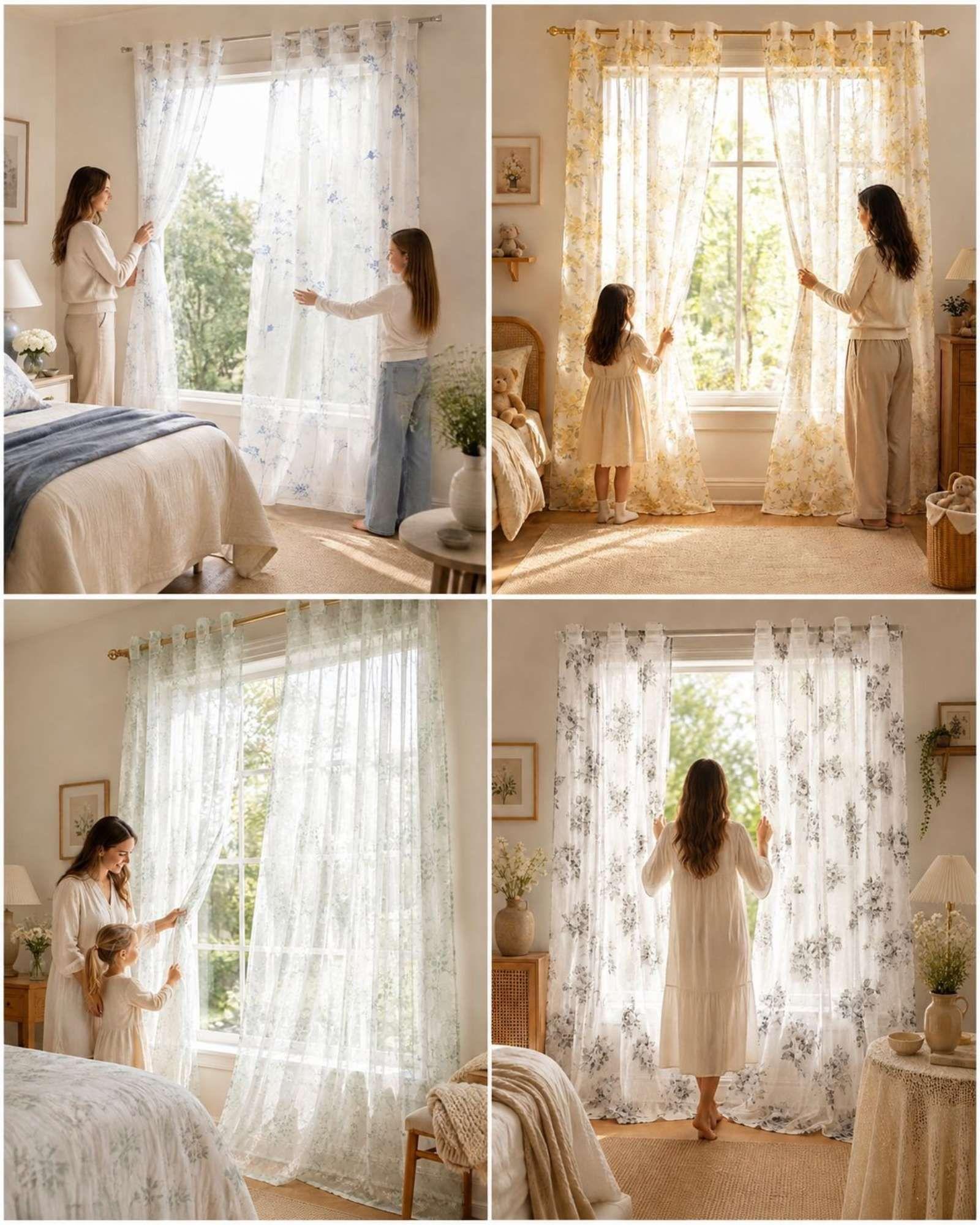 Cortina Visillo Translúcida con Estampado Floral para Living y Dormitorio-7